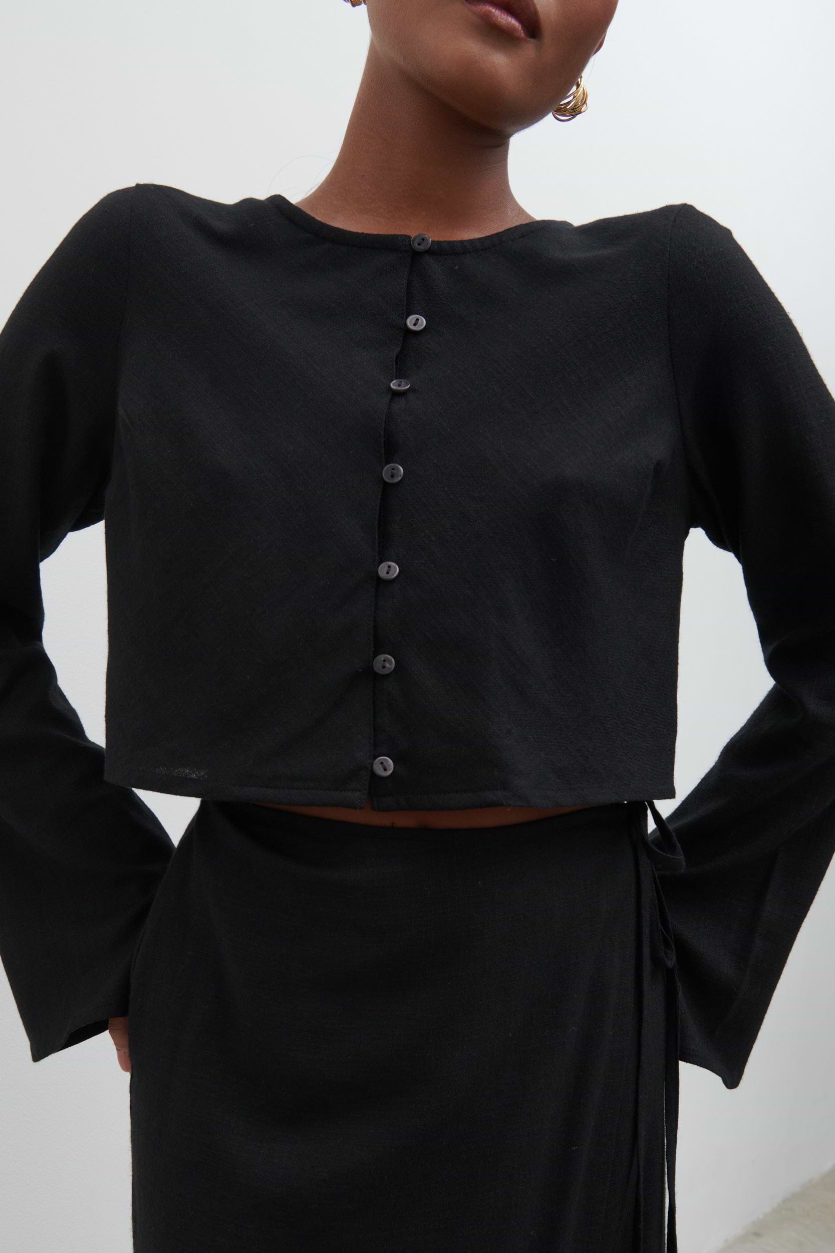 Abigail Button Front Linen Blouse - Black