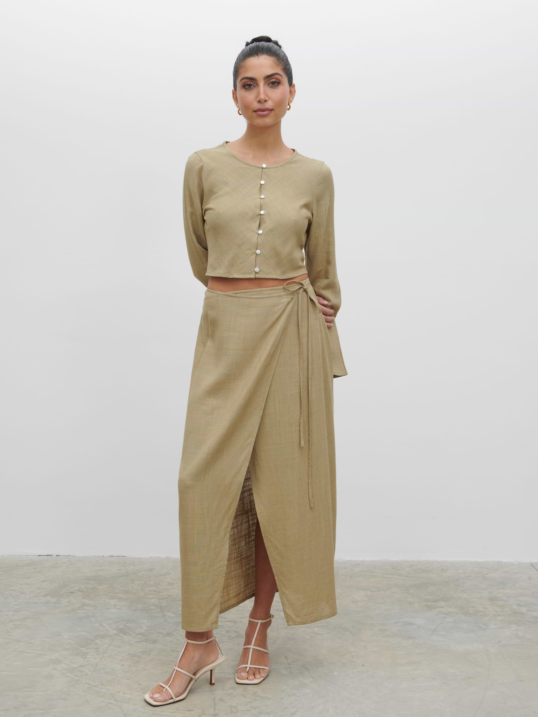 Abigail Wrap Linen Midaxi Skirt - Olive