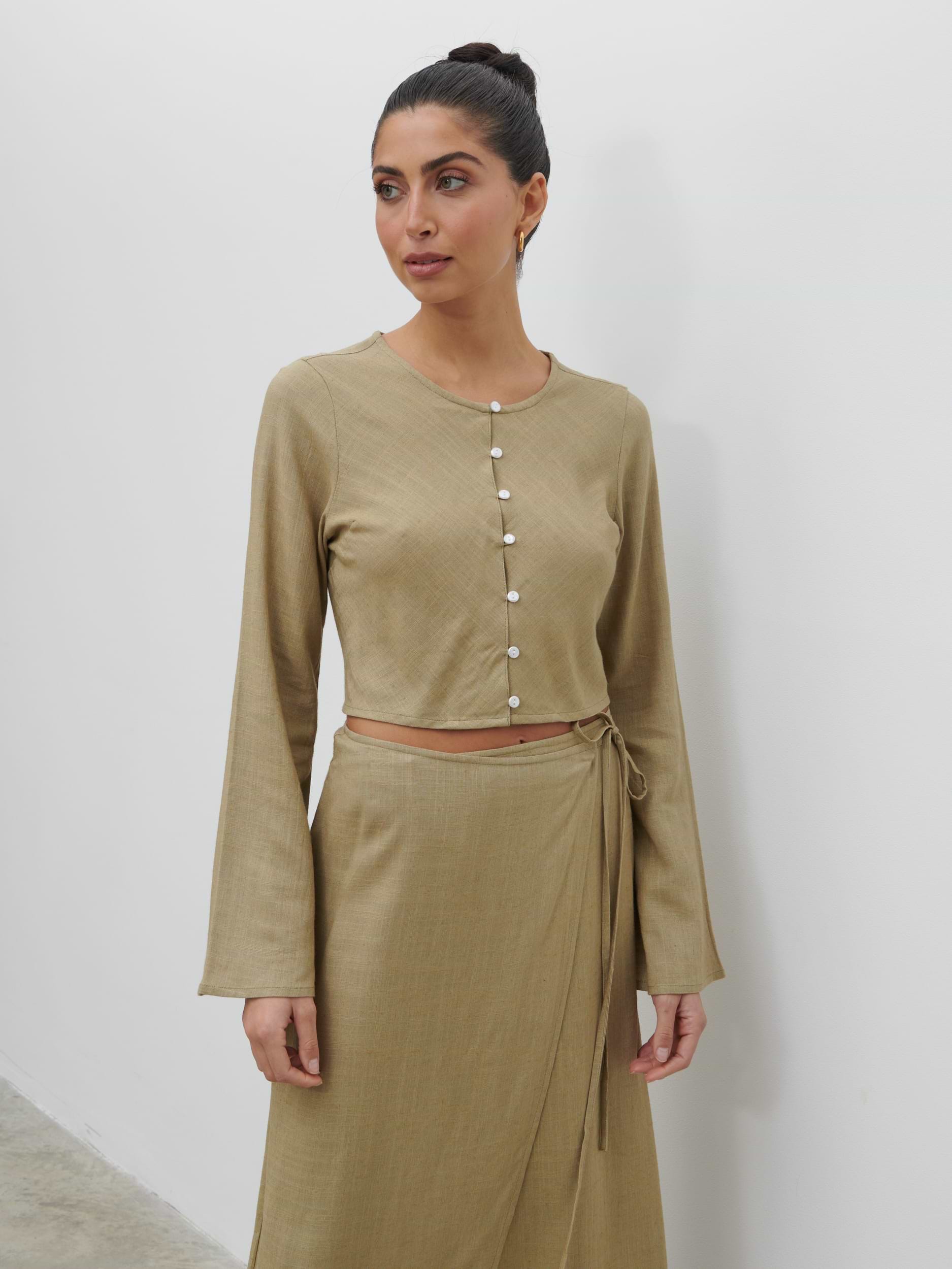 Abigail Button Front Linen Blouse - Olive