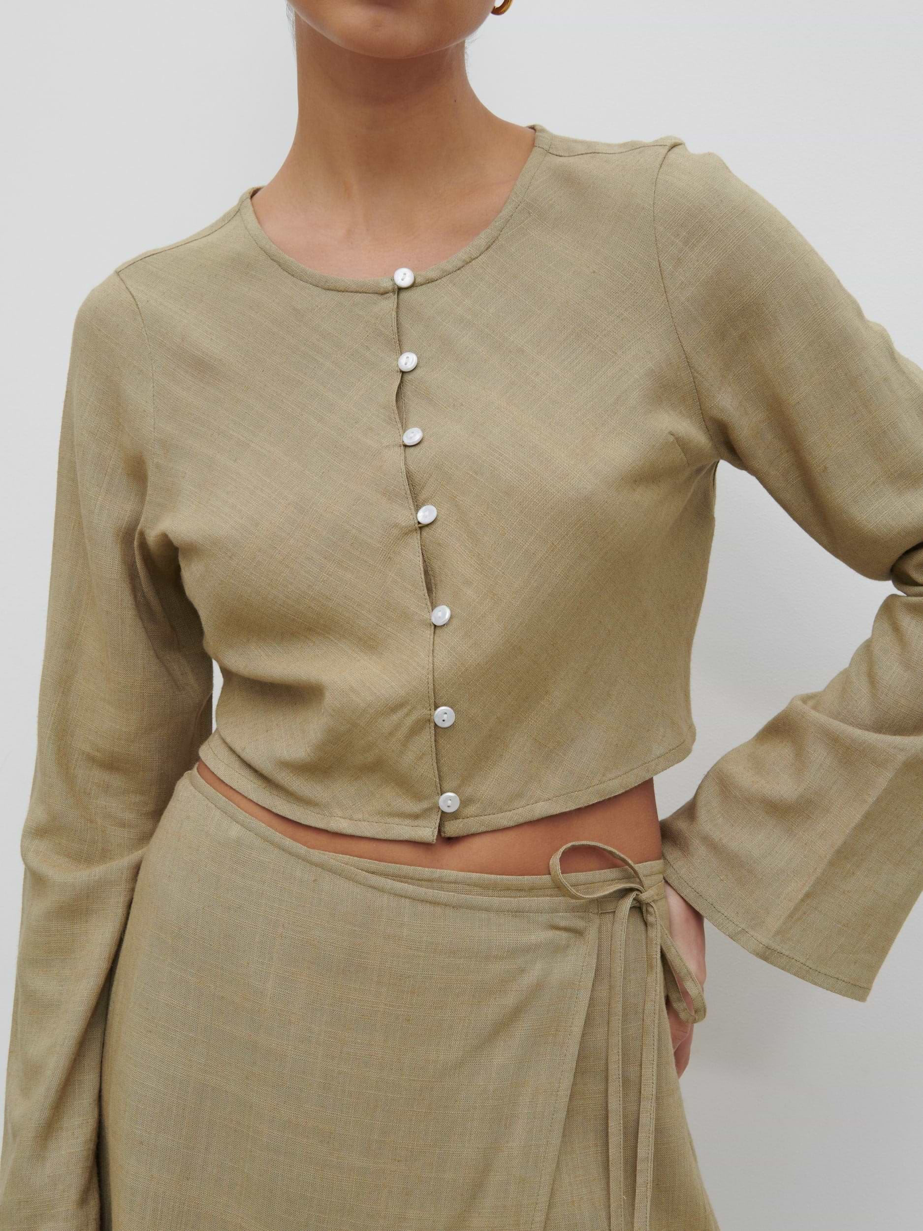 Abigail Button Front Linen Blouse - Olive