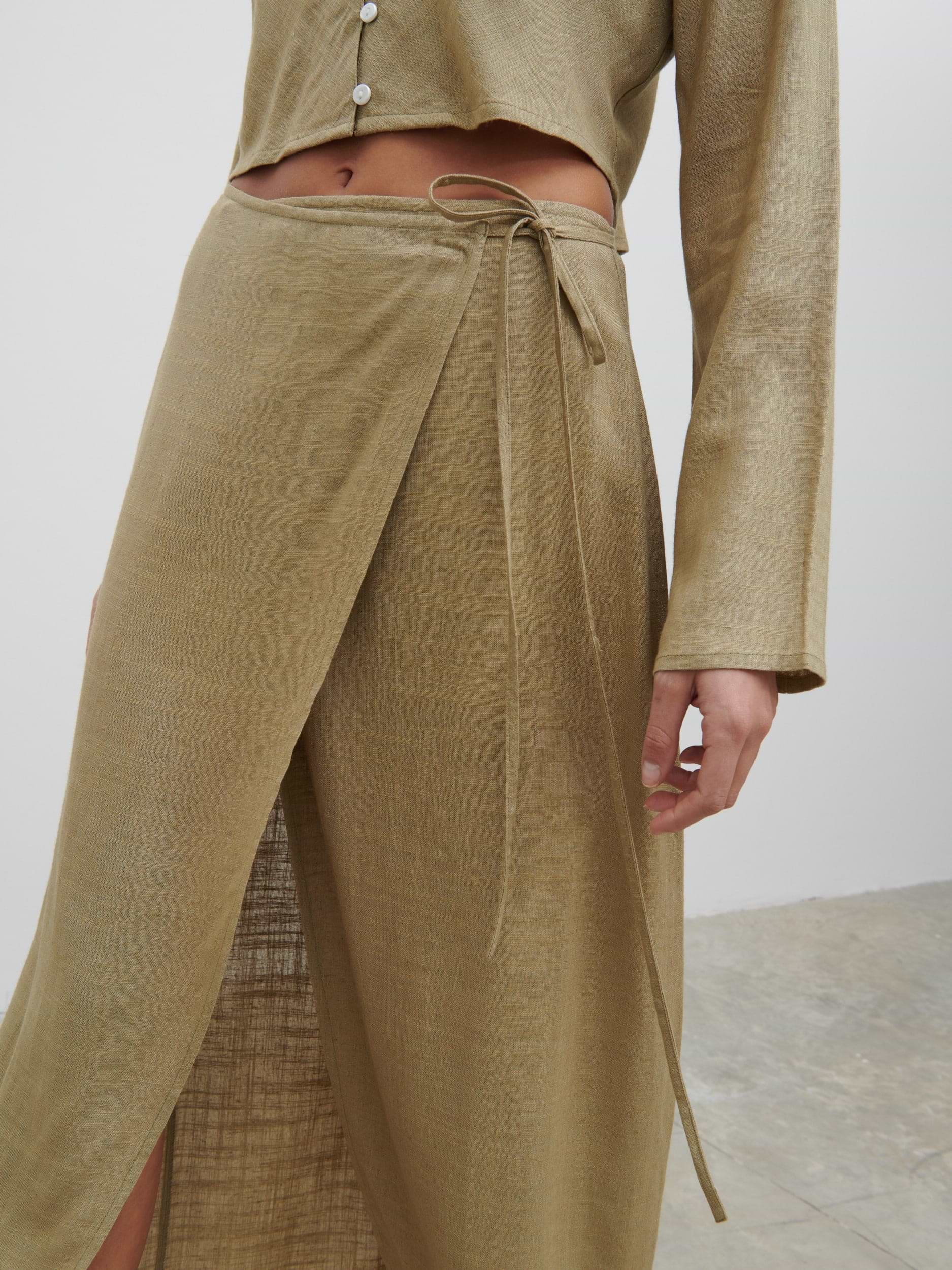 Abigail Wrap Linen Midaxi Skirt - Olive