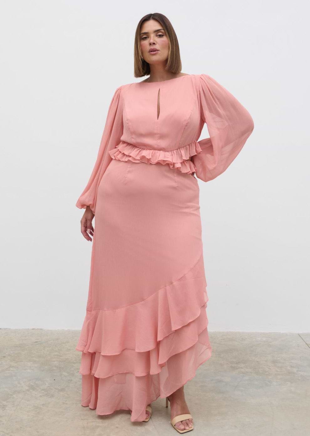 Adelina Cut Out Ruffle Maxi Dress Curve - Apricot Ice