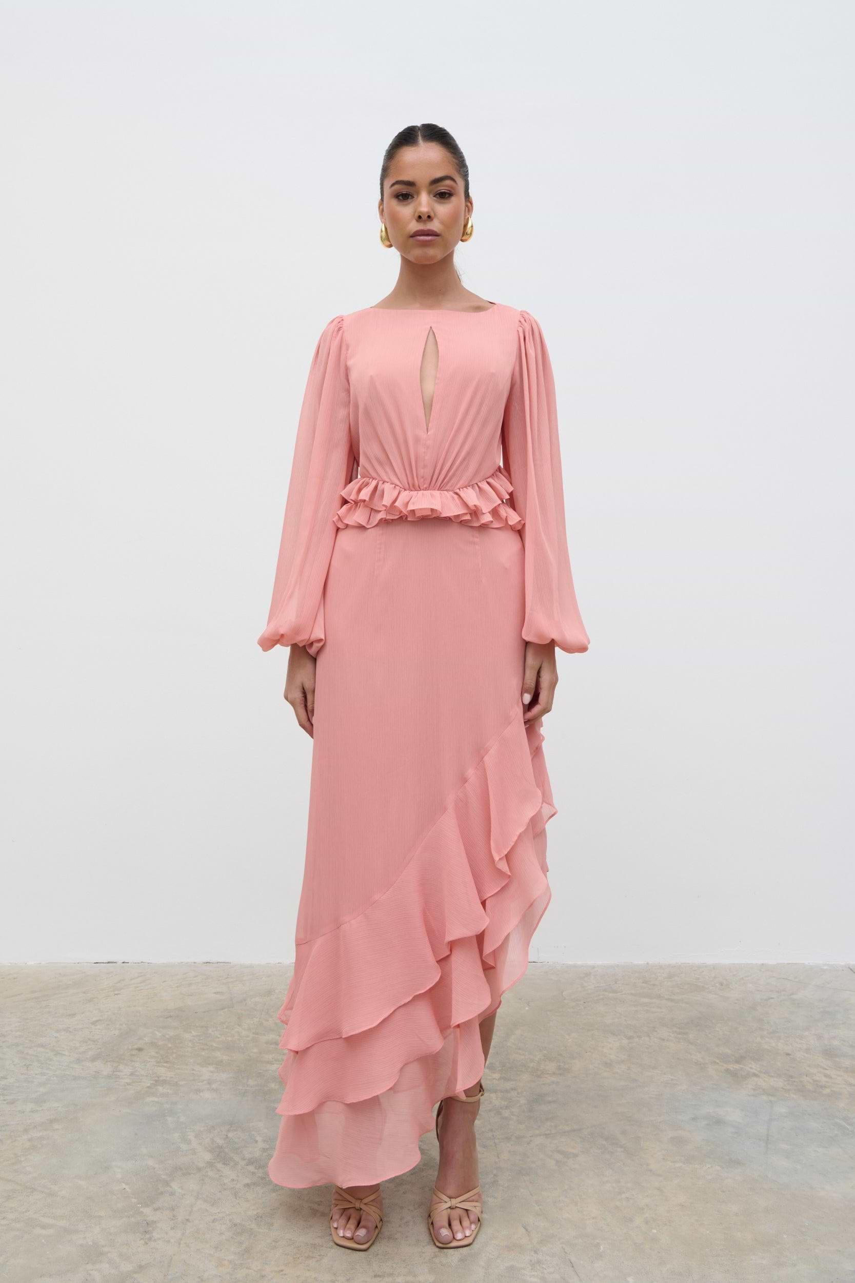 Adelina Cut Out Ruffle Maxi Dress - Apricot Ice