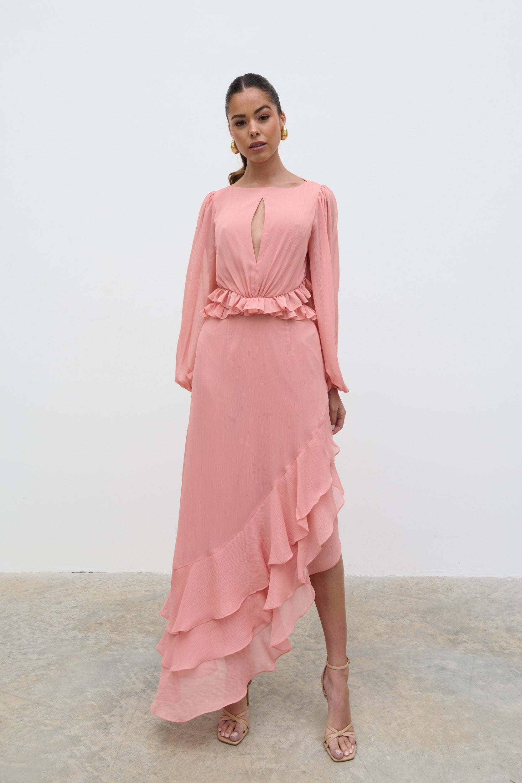Adelina Cut Out Ruffle Maxi Dress - Apricot Ice