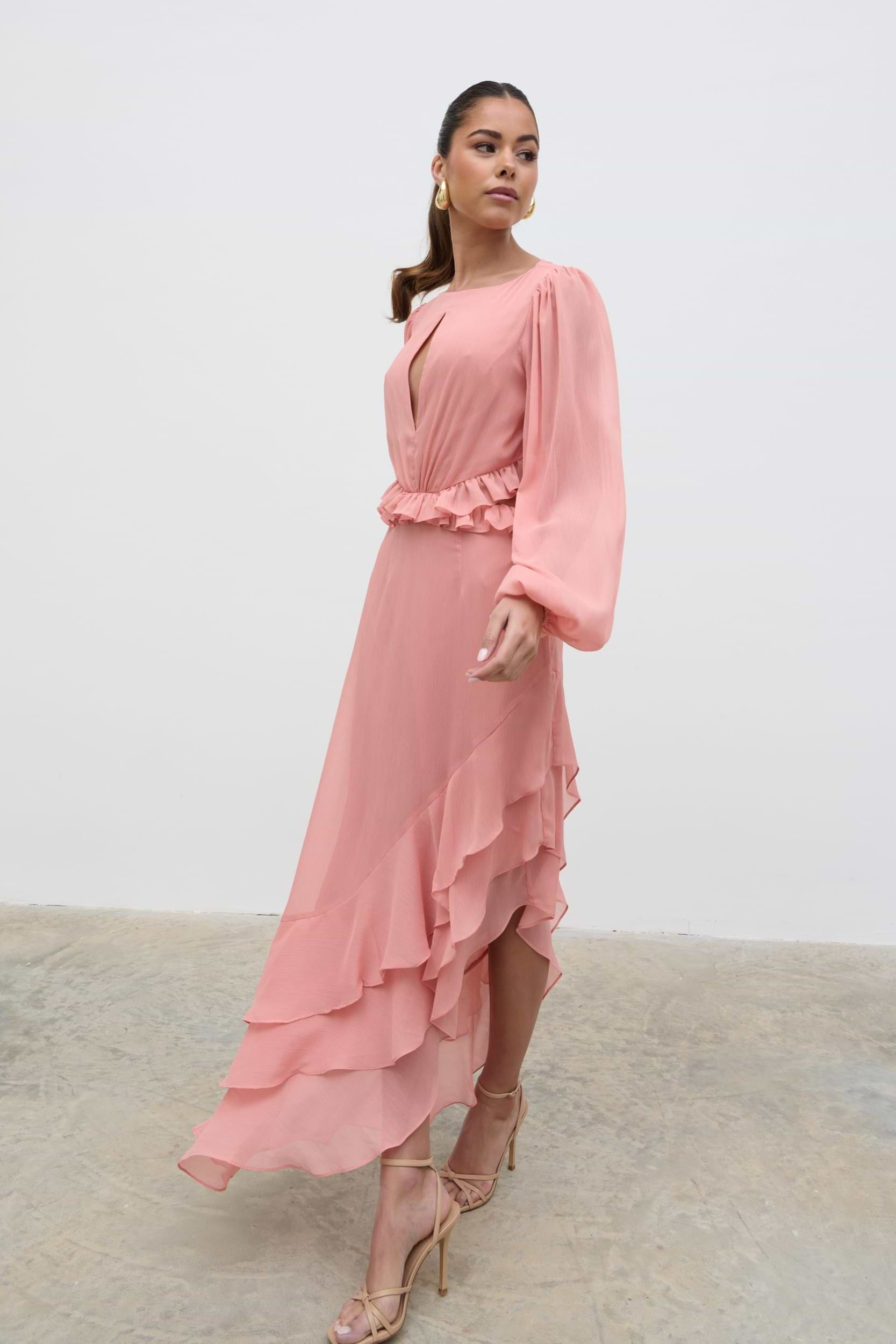 Adelina Cut Out Ruffle Maxi Dress - Apricot Ice