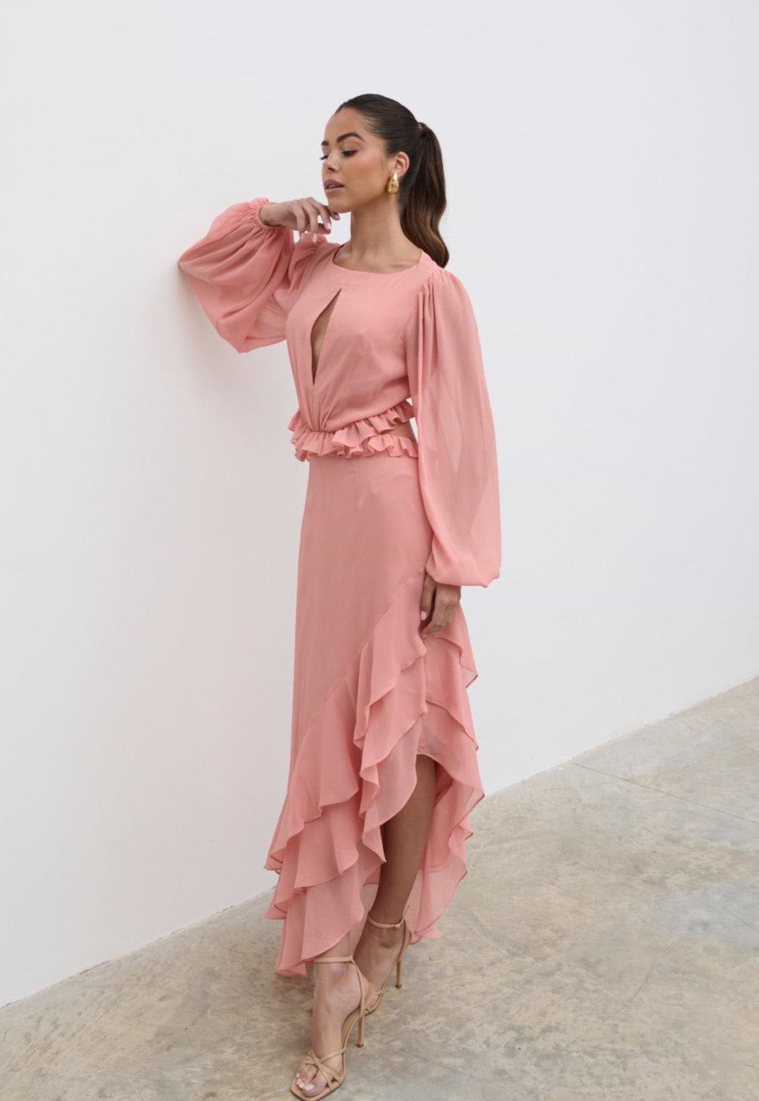 Adelina Cut Out Ruffle Maxi Dress - Apricot Ice