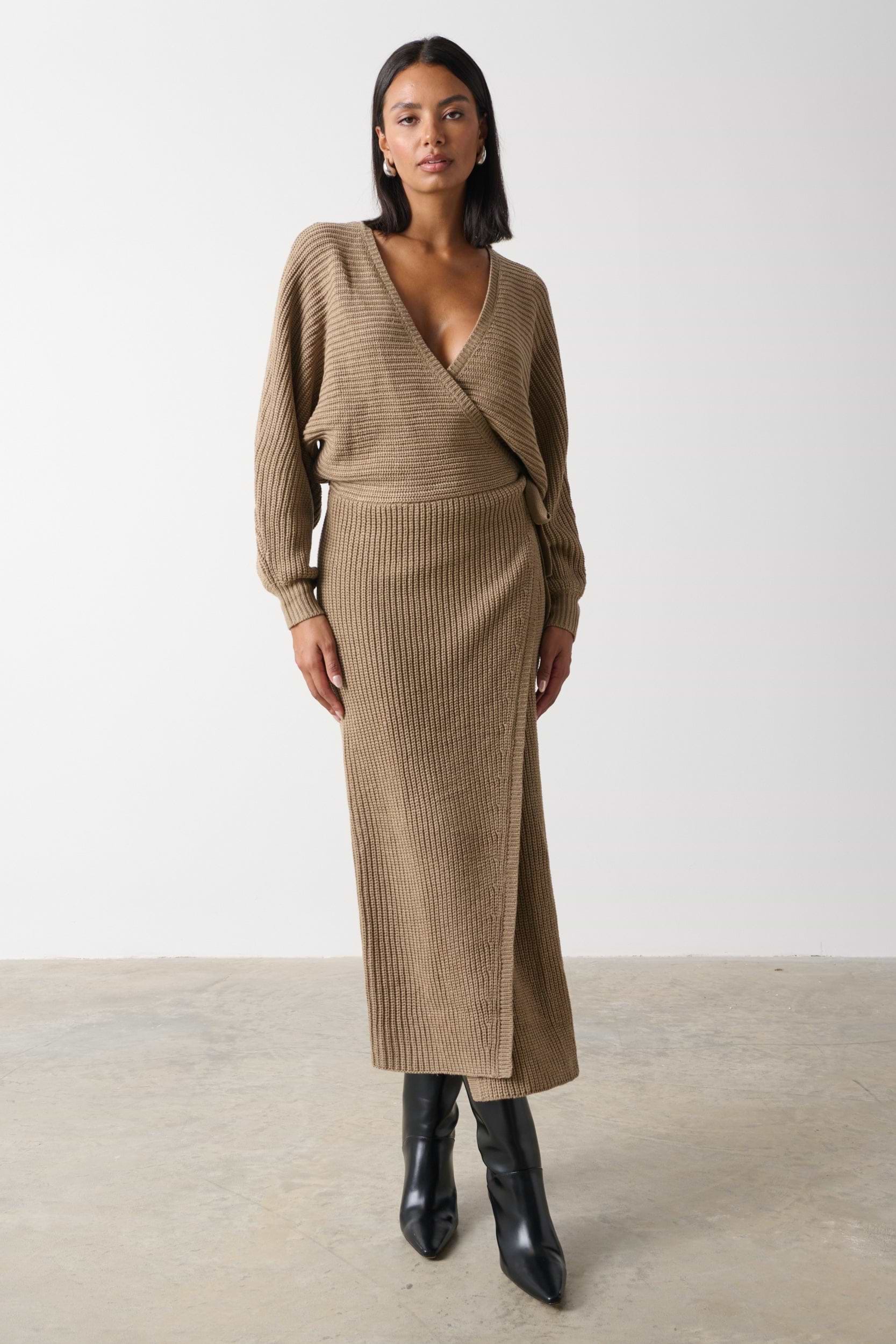 Aidan Cosy Wrap Dress - Light Brown