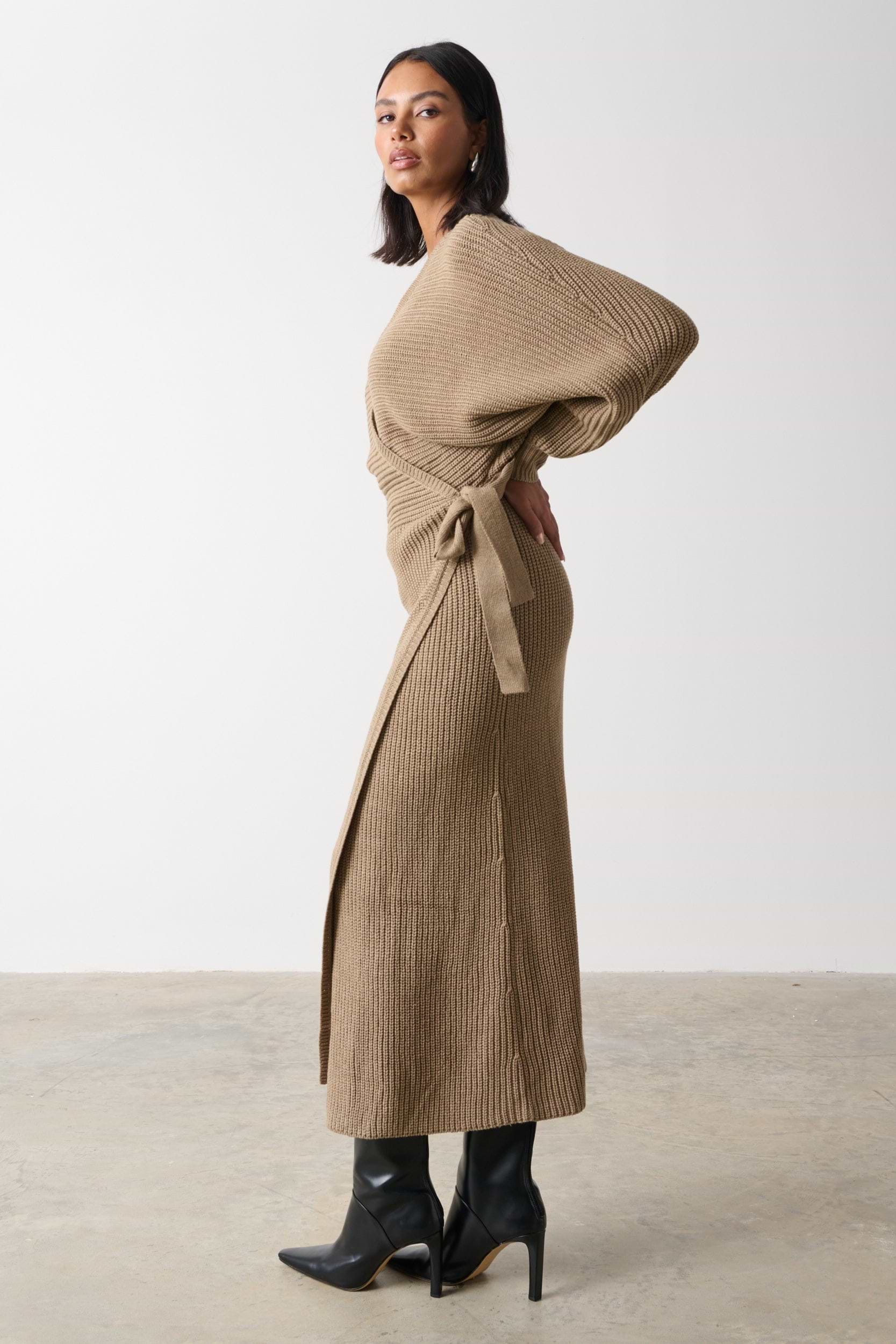 Aidan Cosy Wrap Dress - Light Brown
