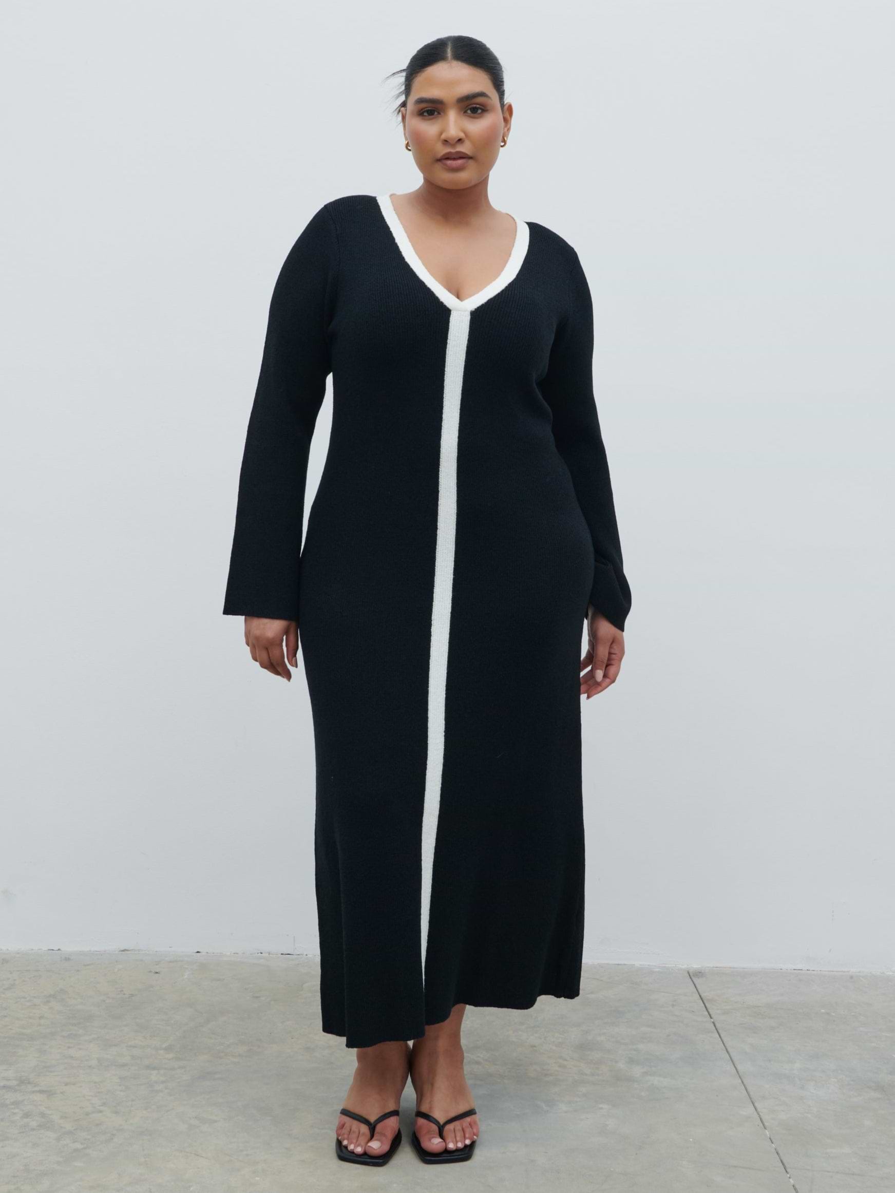Ailey Contrast Seam Knit Midaxi Dress Curve - Black and Cream