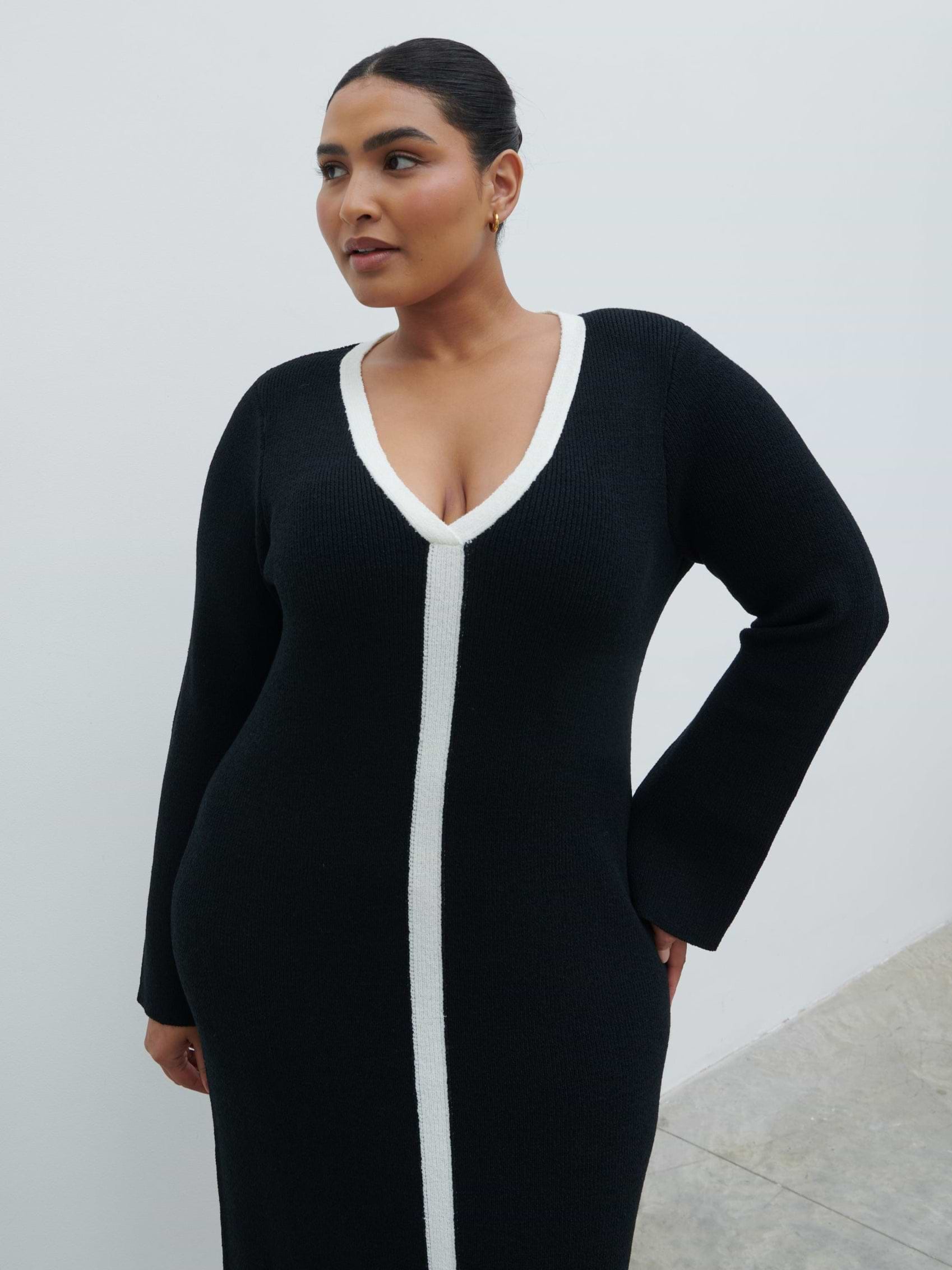 Ailey Contrast Seam Knit Midaxi Dress Curve - Black and Cream