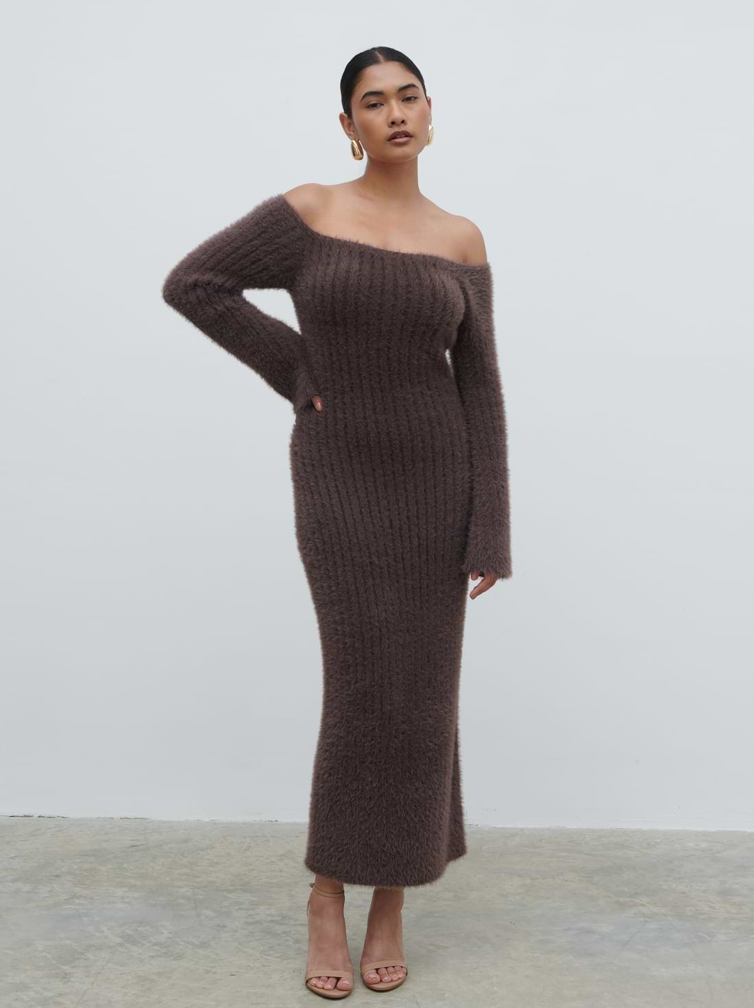 Alora Fluffy Knit Midaxi Dress - Chocolate Plum