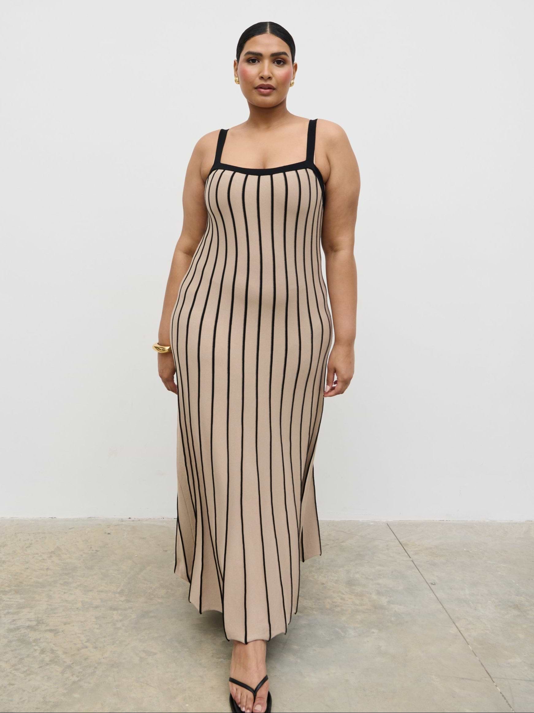 Alyssia Stripe Long Midaxi Knit Dress Curve - Dark Beige and Black