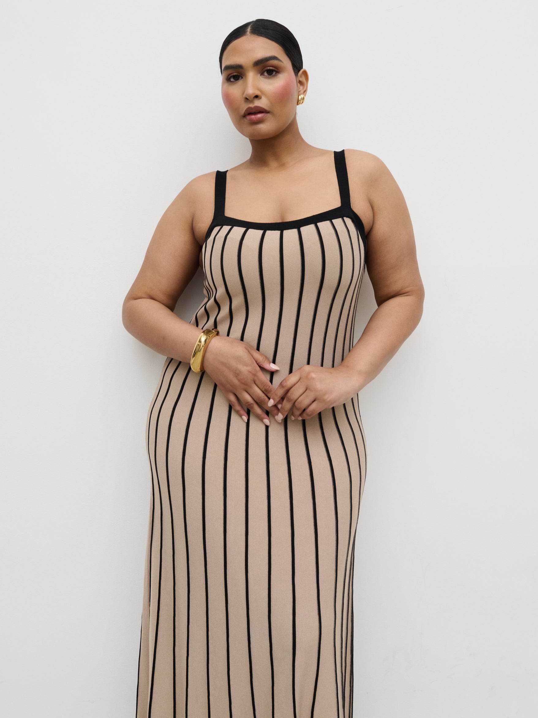 Alyssia Stripe Long Midaxi Knit Dress Curve - Dark Beige and Black