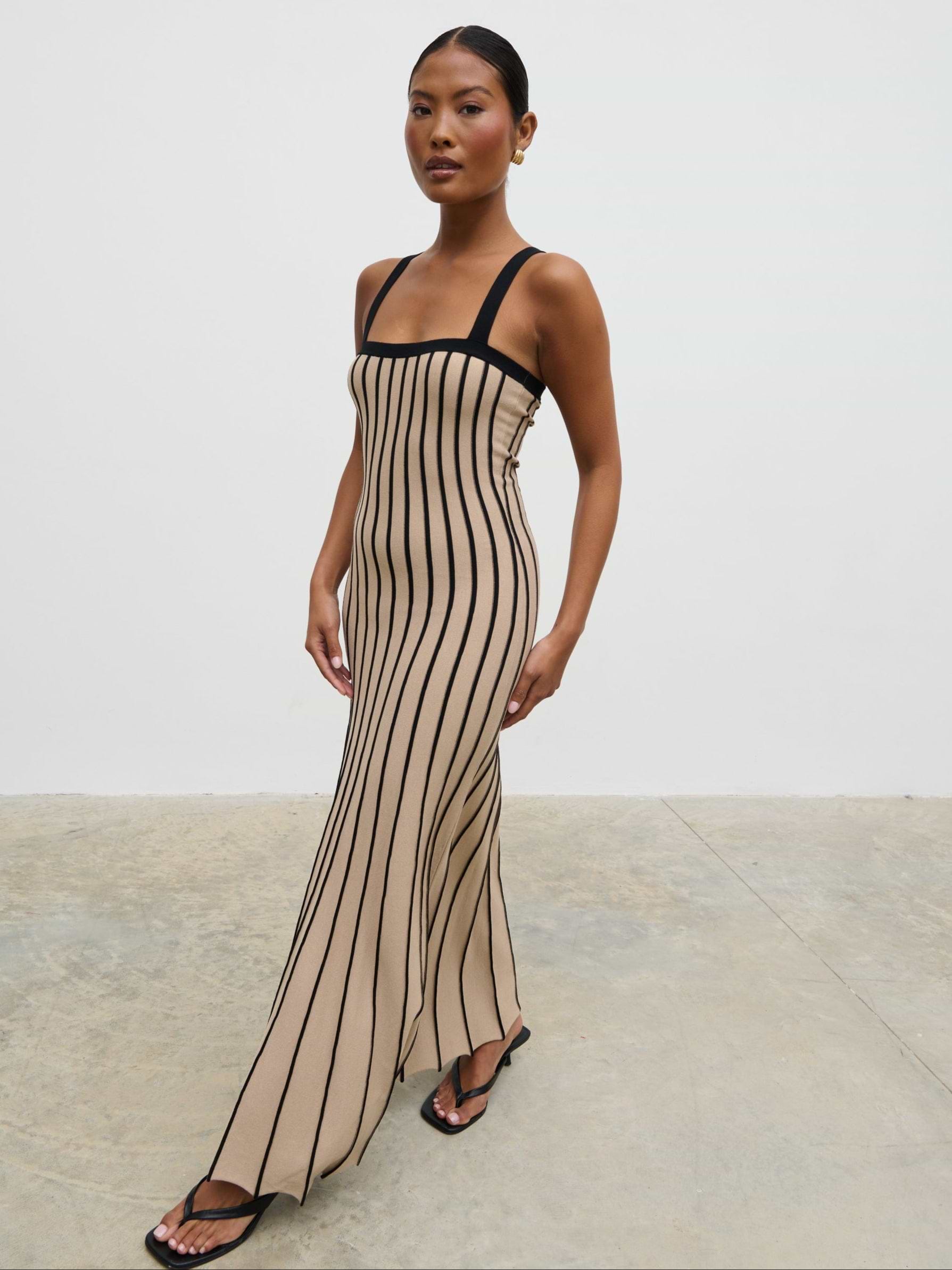 Alyssia Stripe Long Midaxi Knit Dress - Dark Beige and Black
