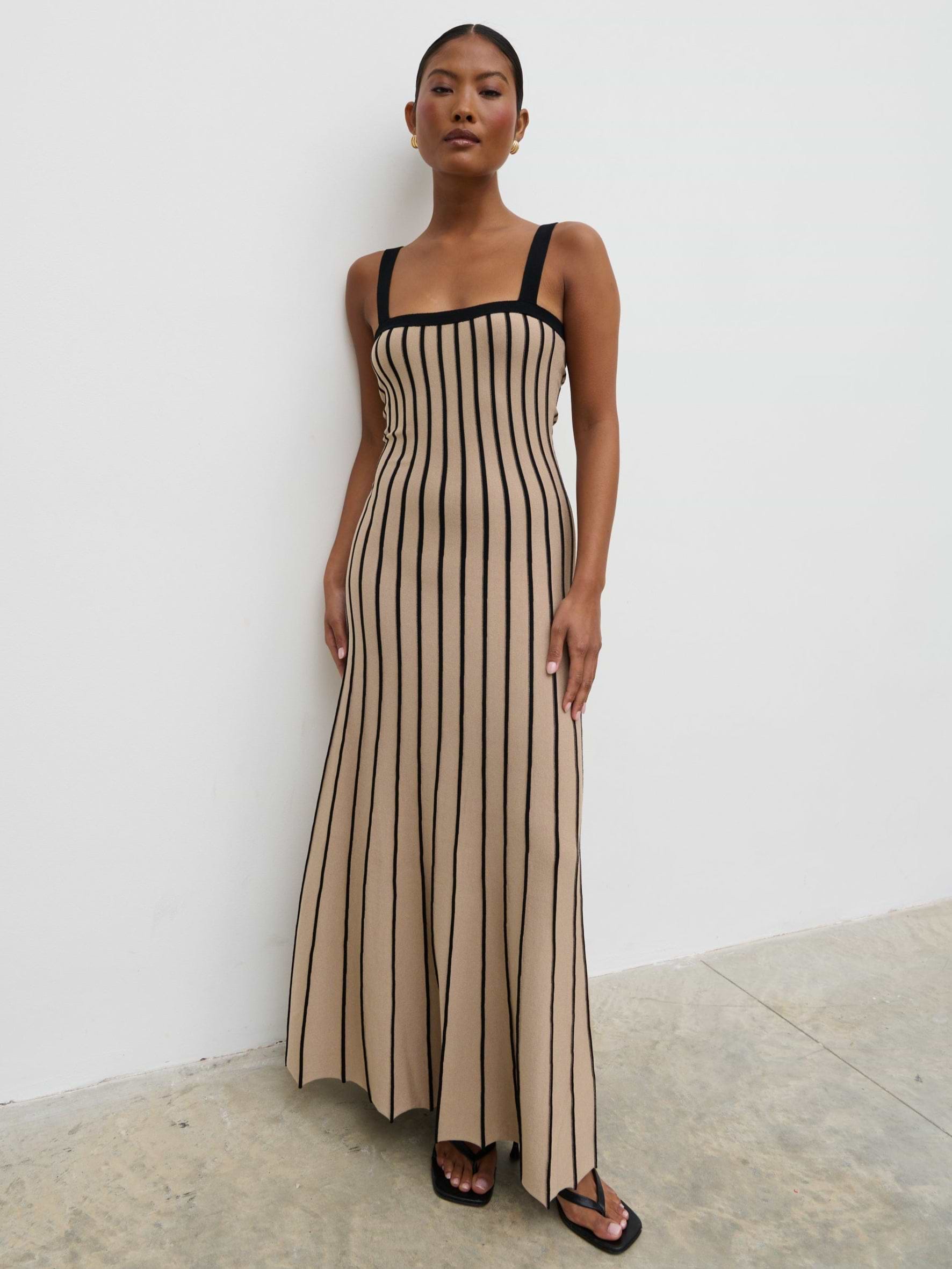 Alyssia Stripe Long Midaxi Knit Dress - Dark Beige and Black
