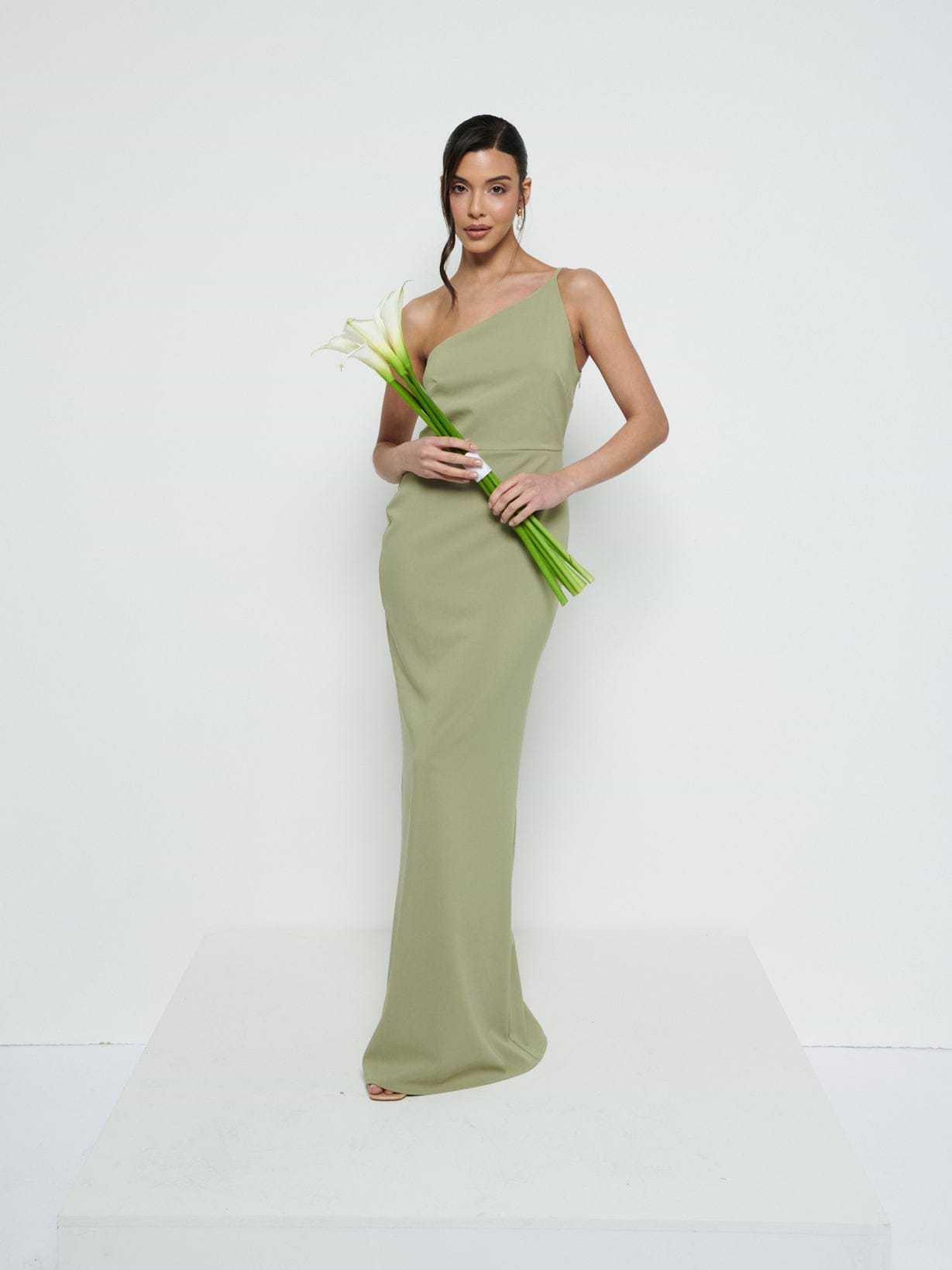 Amelia One Shoulder Crepe Maxi Bridesmaid Dress - Olive