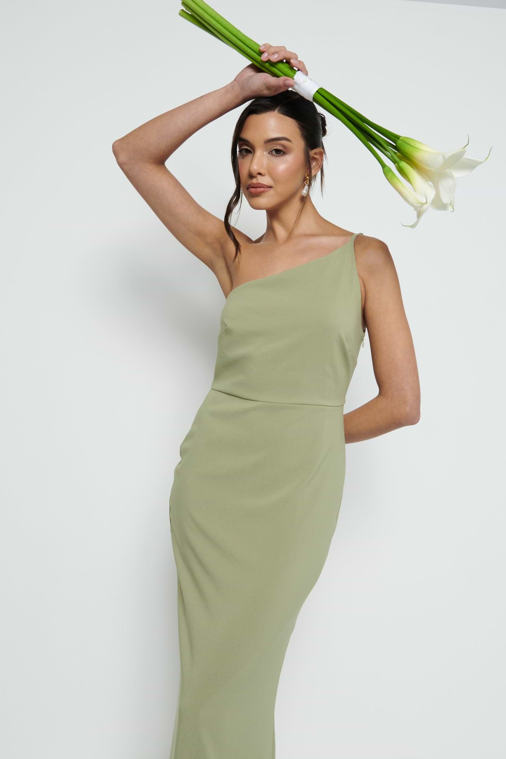 Amelia One Shoulder Crepe Maxi Bridesmaid Dress - Olive