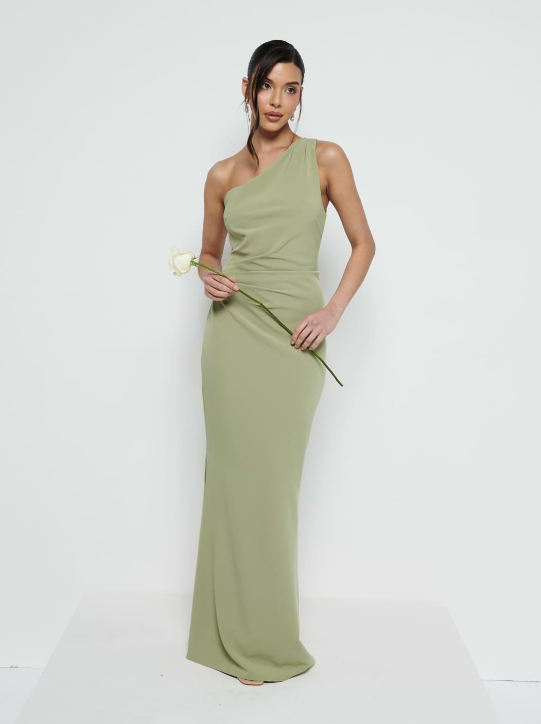 Amelia Crepe Ruched Maxi Bridesmaid Dress - Olive