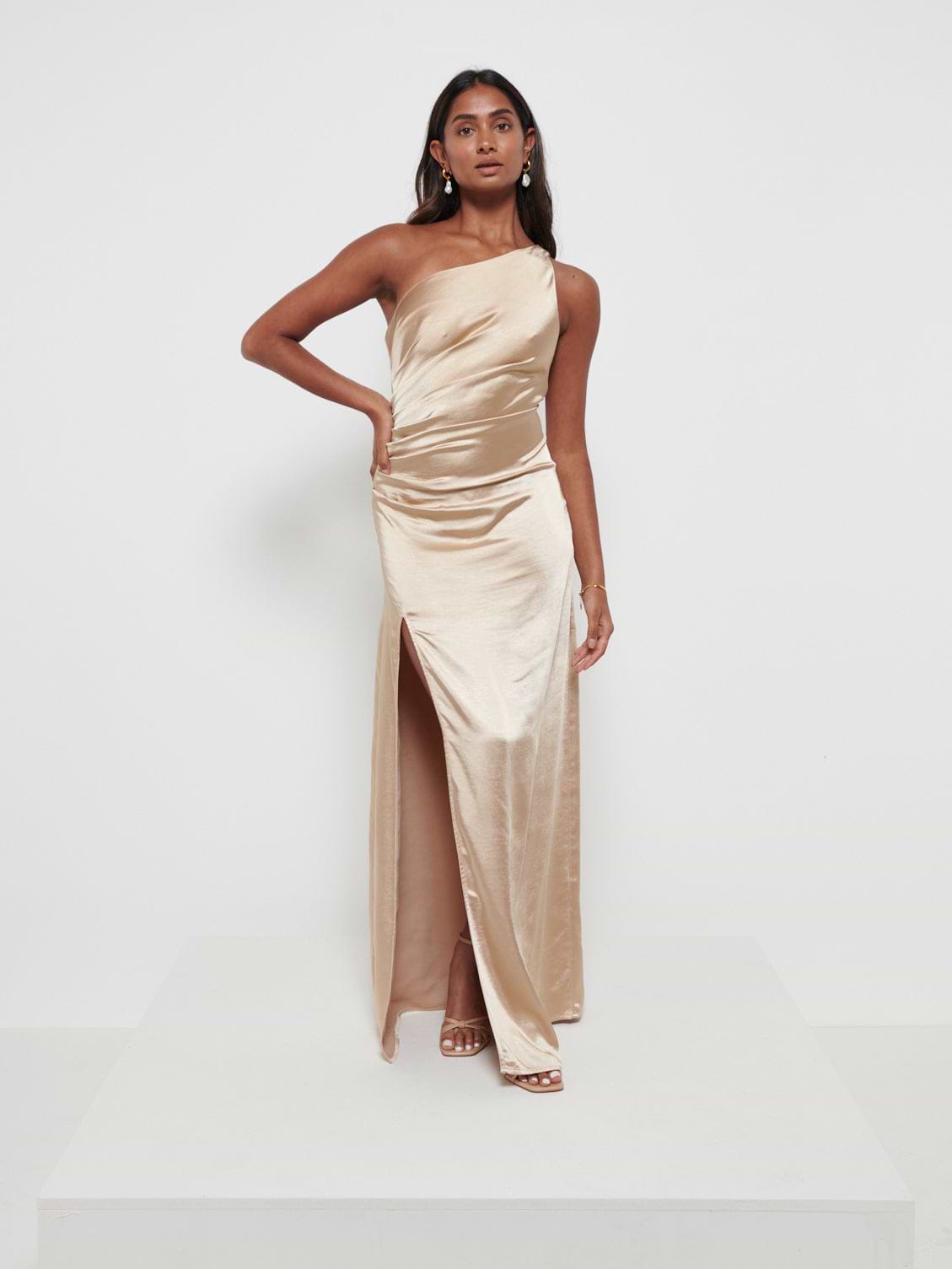 Amelia Ruched Maxi Bridesmaid Dress - Matte Bronze
