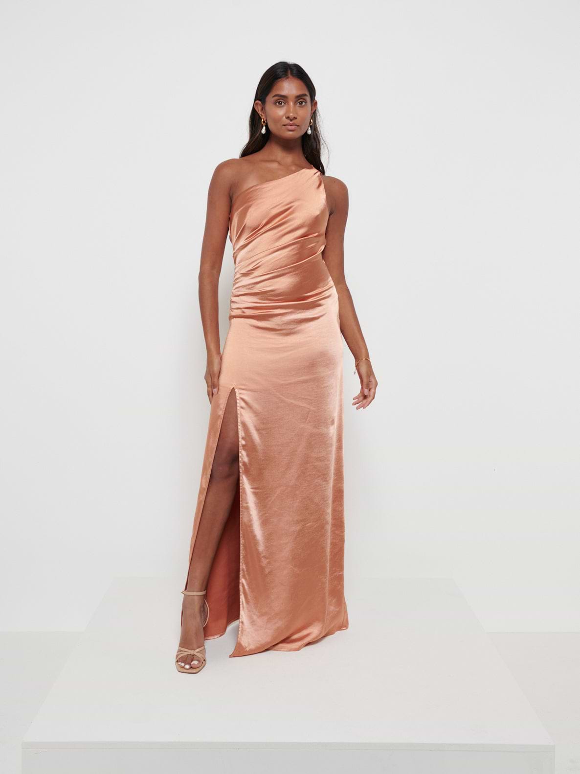 Amelia Ruched Maxi Bridesmaid Dress - Matte Cinnamon