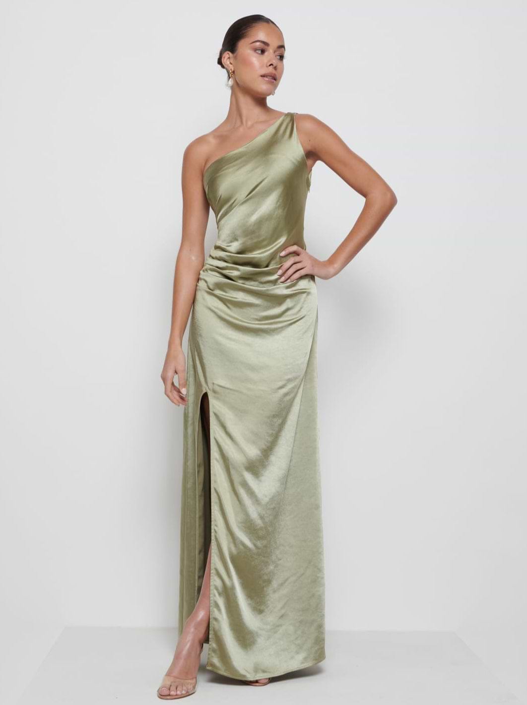 Amelia Ruched Maxi Bridesmaid Dress - Matte Olive