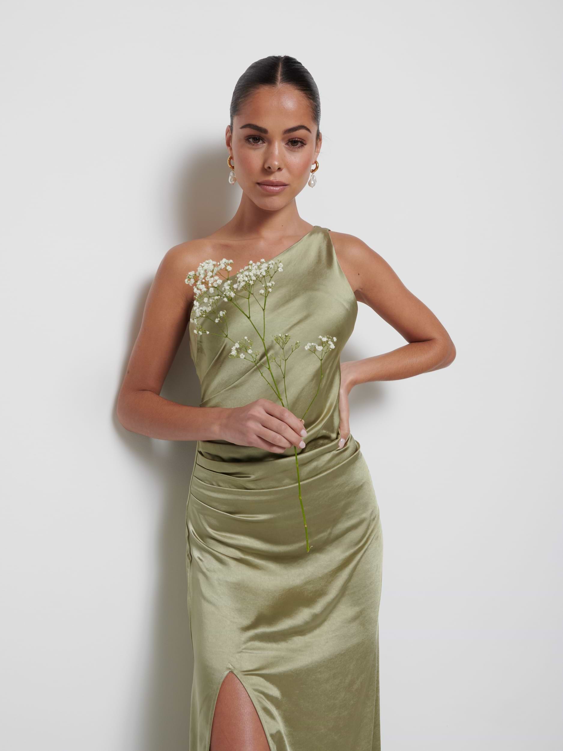 Amelia Ruched Maxi Bridesmaid Dress - Matte Olive