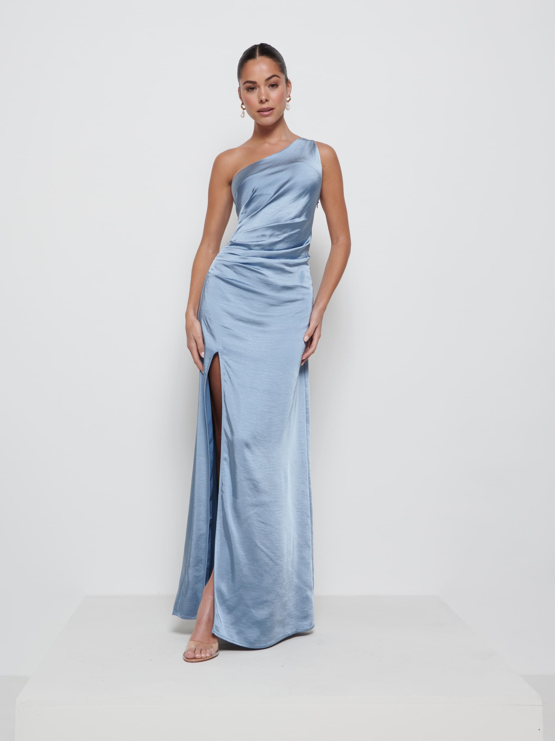 Amelia Ruched Maxi Bridesmaid Dress - Dusty Blue