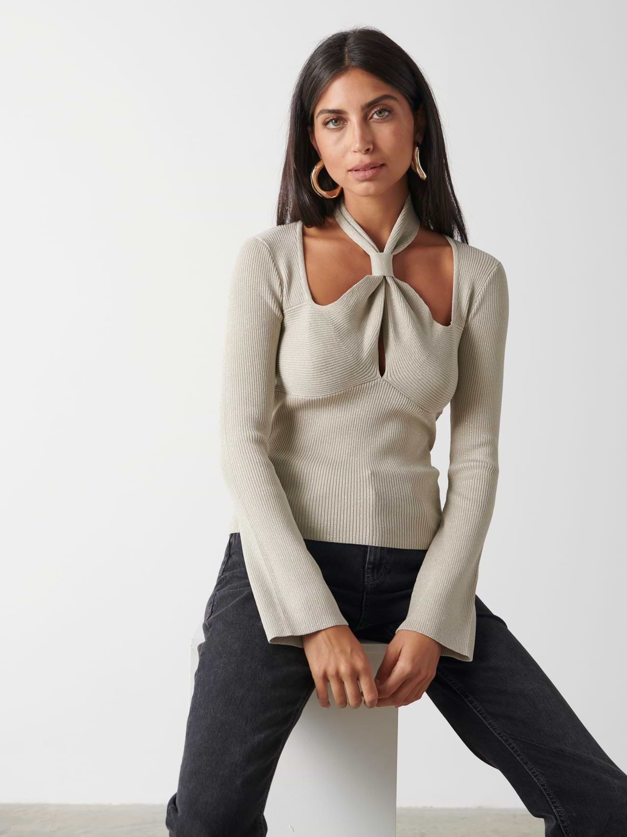 Amity Knotted Halterneck Long Sleeve Top - Gold Metallic