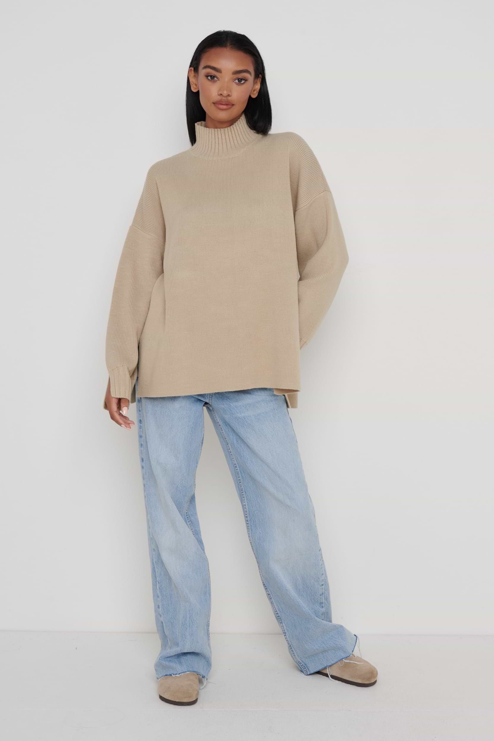 Amory Grown Neck Knit Jumper - Beige