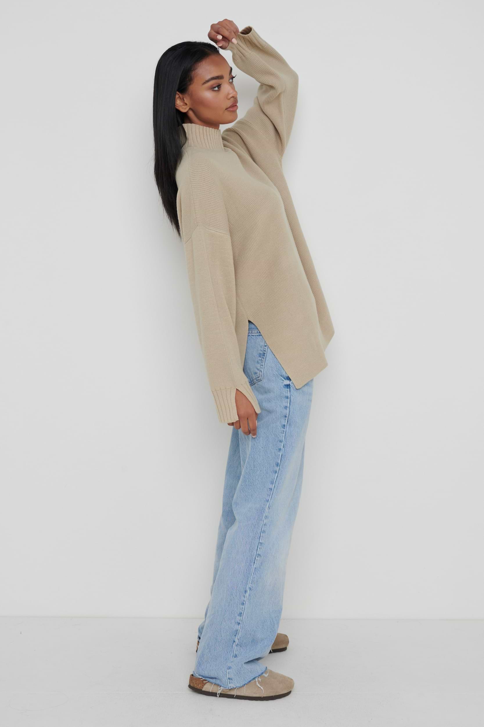 Amory Grown Neck Knit Jumper - Beige