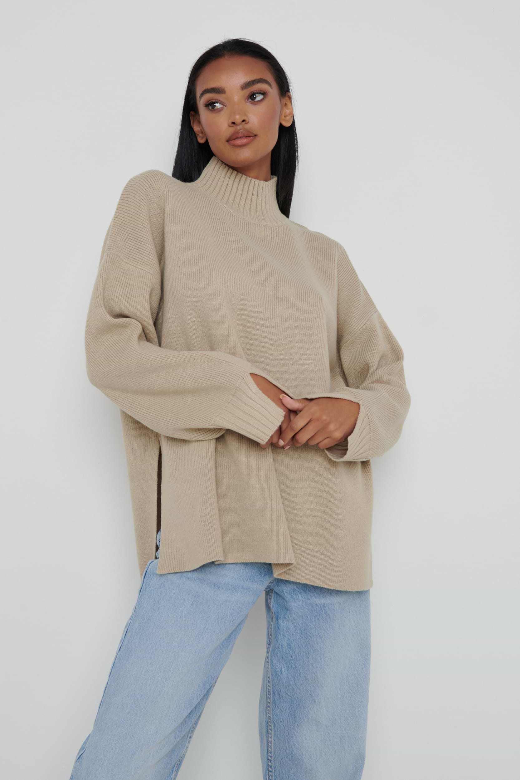 Amory Grown Neck Knit Jumper - Beige