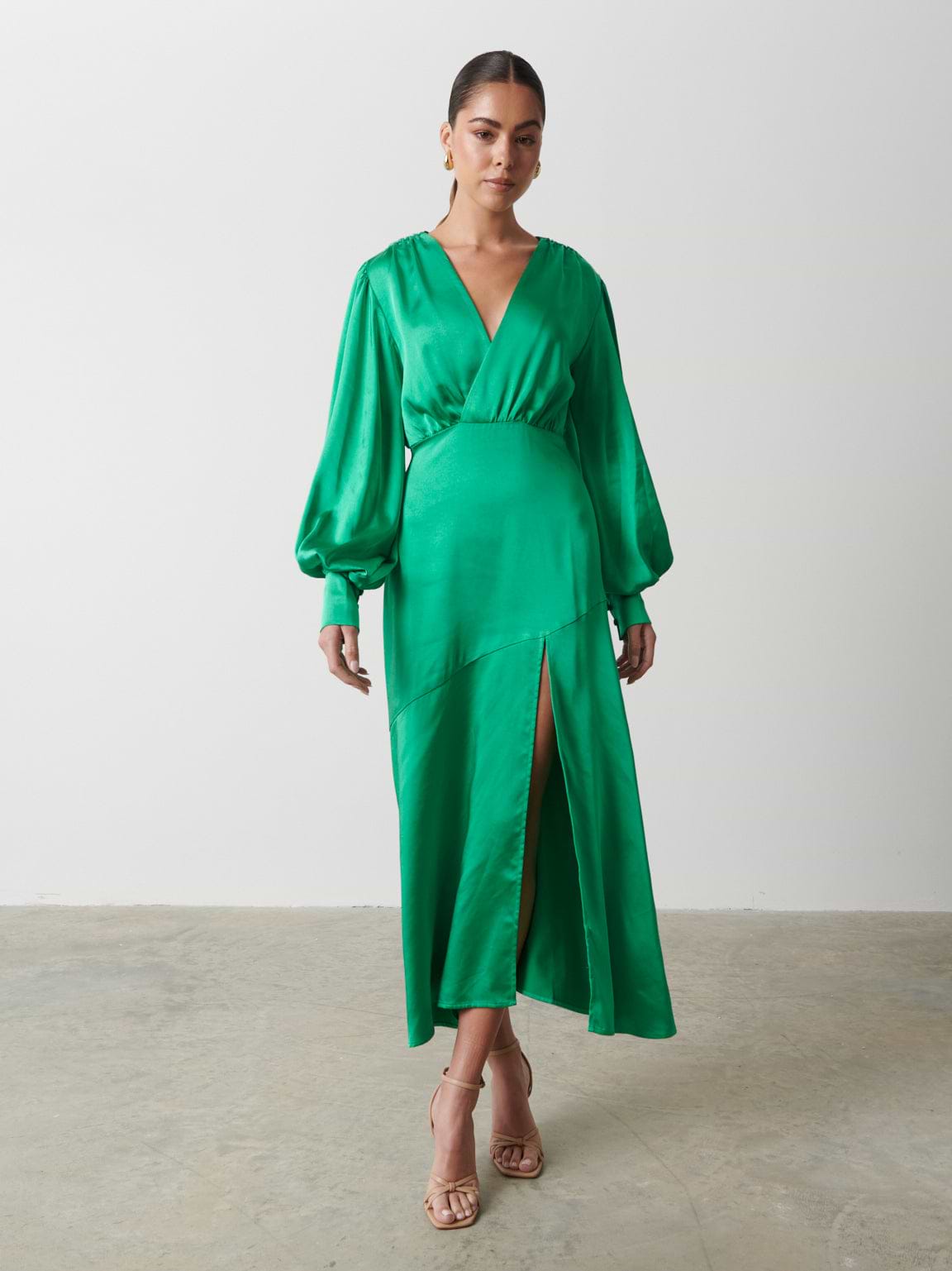 Annalise Backless Balloon Sleeve Satin Dress - Emerald
