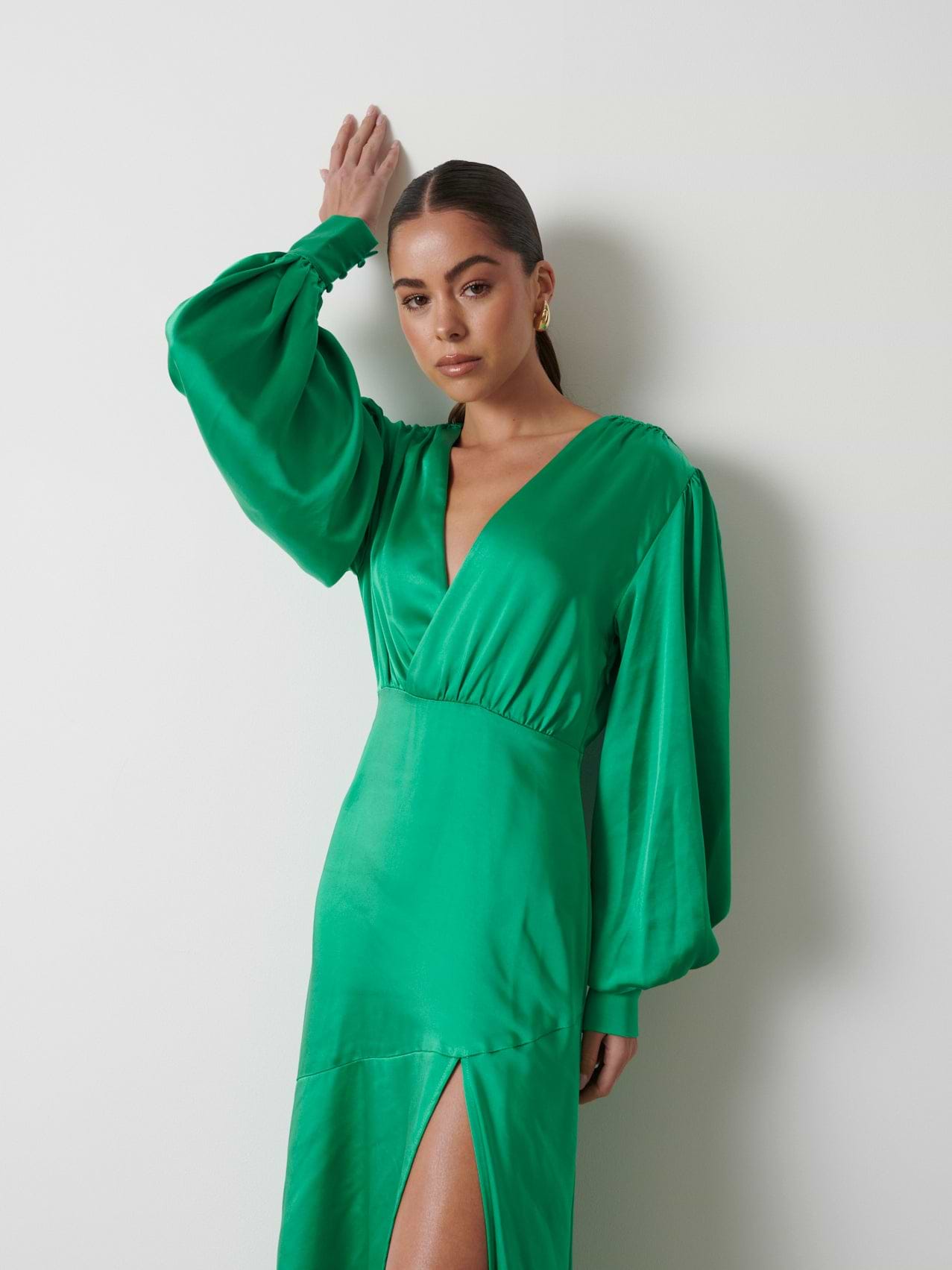 Annalise Backless Balloon Sleeve Satin Dress - Emerald