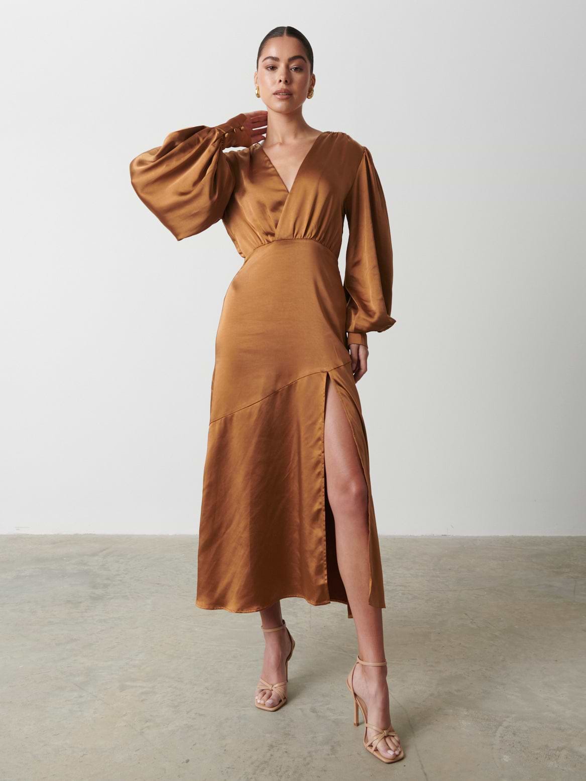 Annalise Backless Balloon Sleeve Satin Dress - Ginger