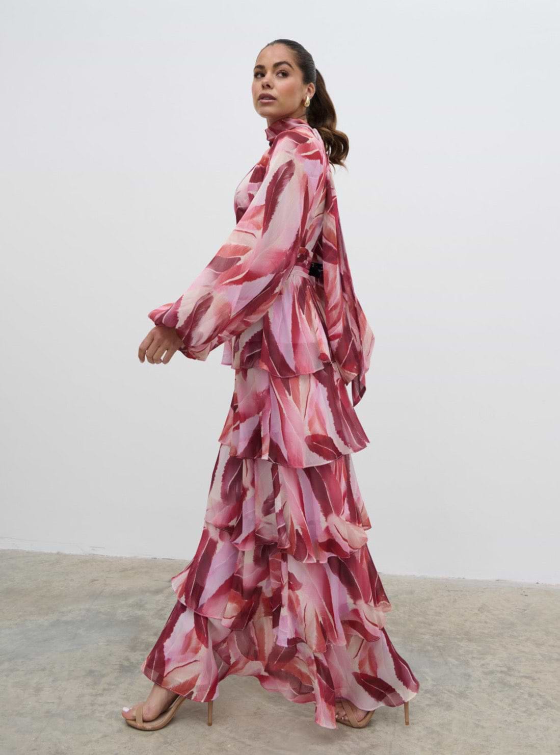 Anya Plunge Neck Ruffle Maxi Dress - Feather Print