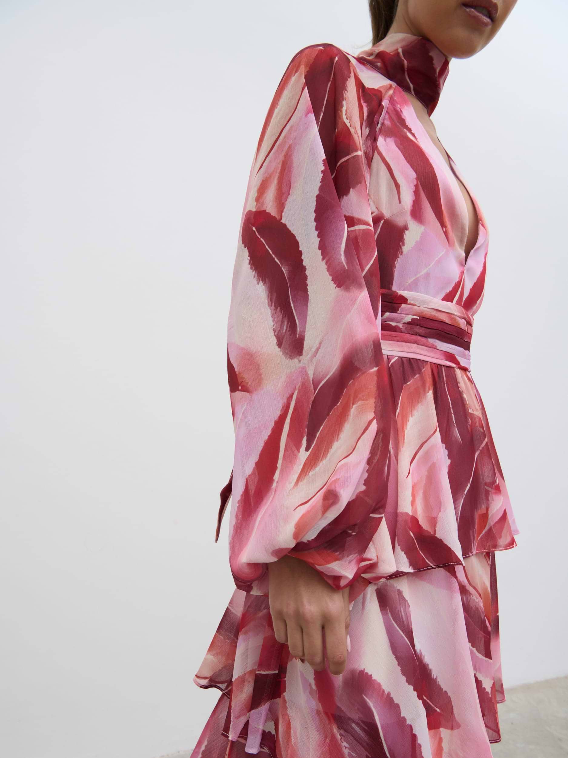 Anya Plunge Neck Ruffle Maxi Dress - Feather Print