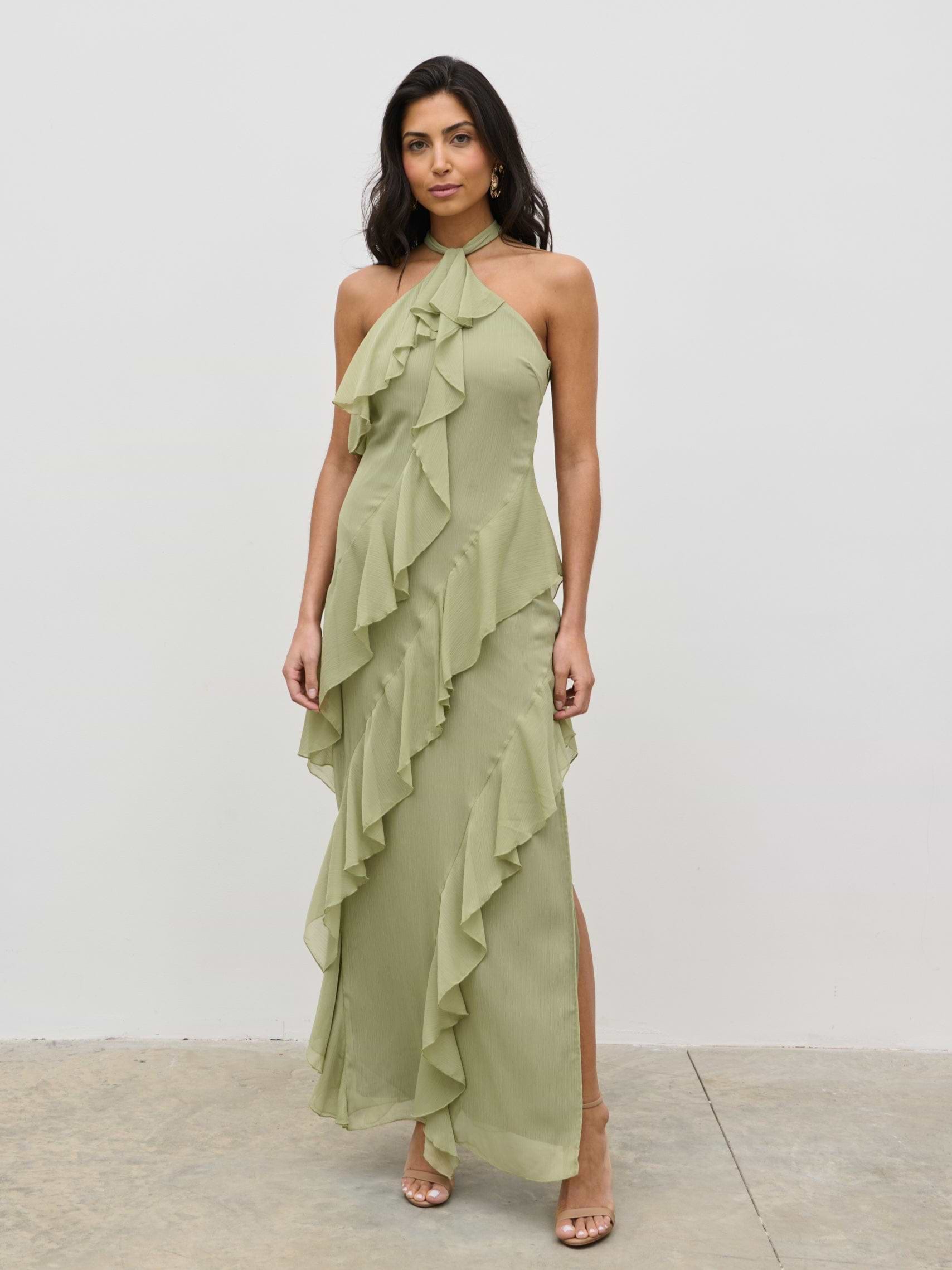 Aria Halterneck Ruffle Maxi Dress - Olive