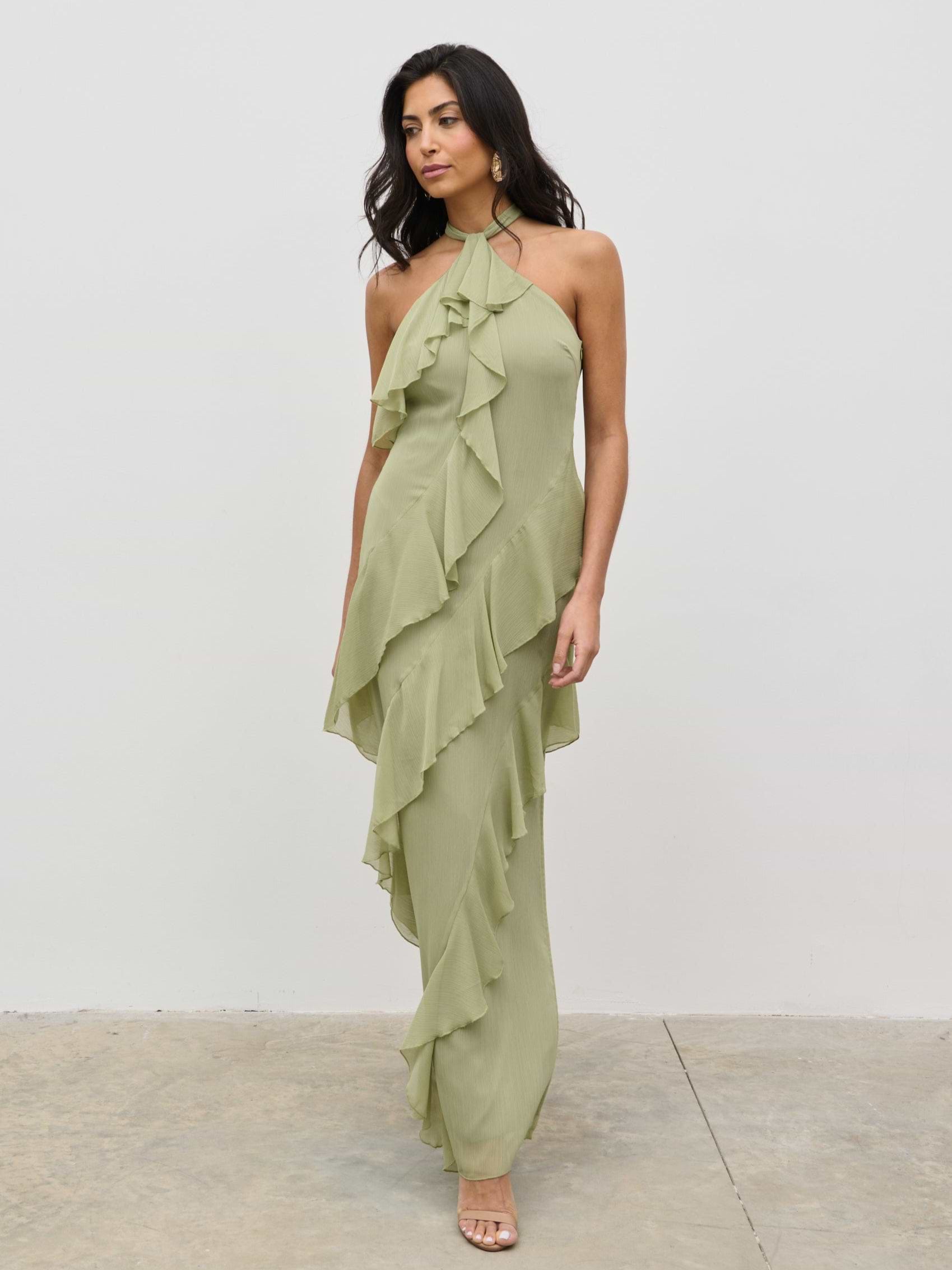 Aria Halterneck Ruffle Maxi Dress - Olive