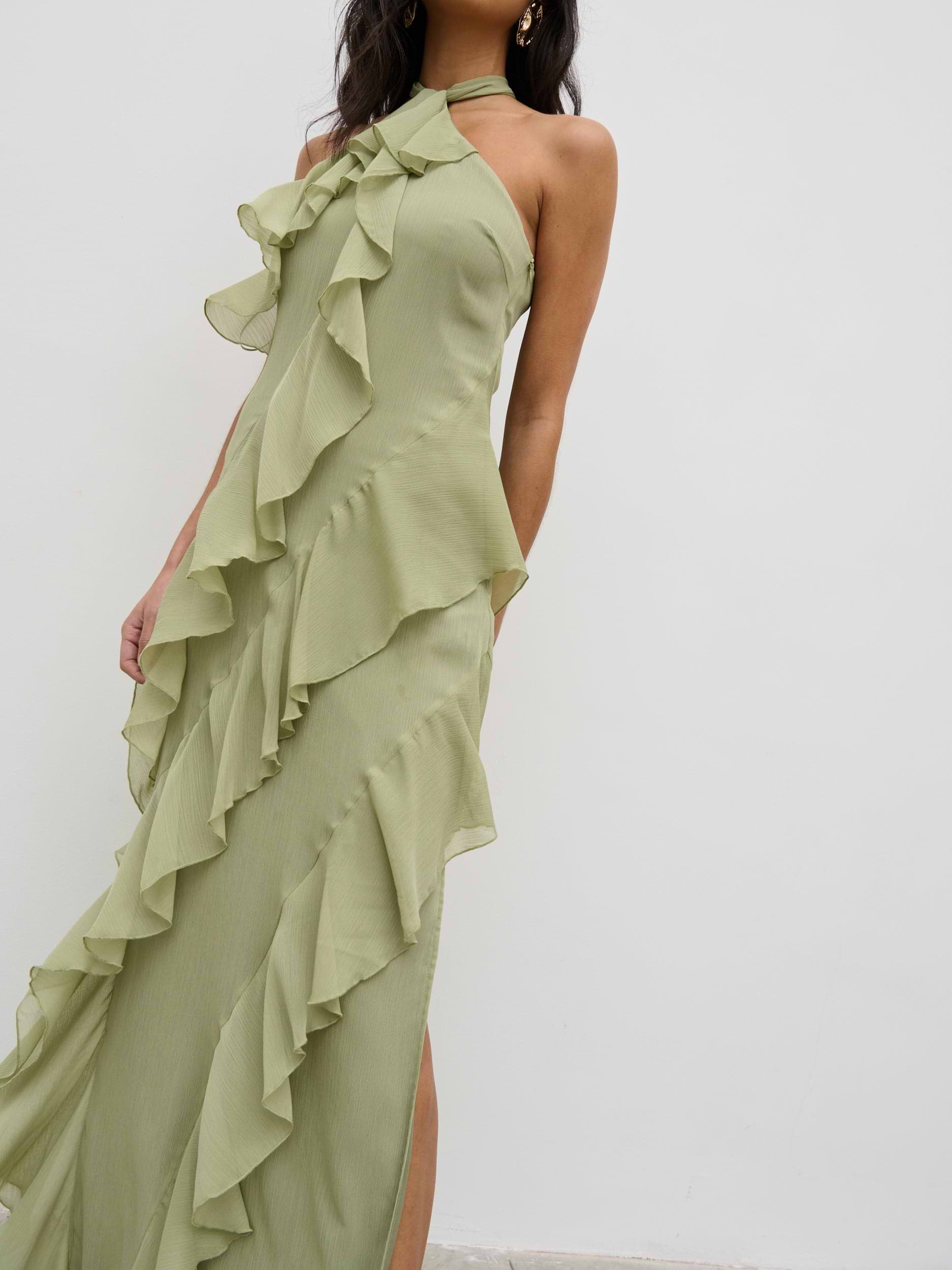 Aria Halterneck Ruffle Maxi Dress - Olive