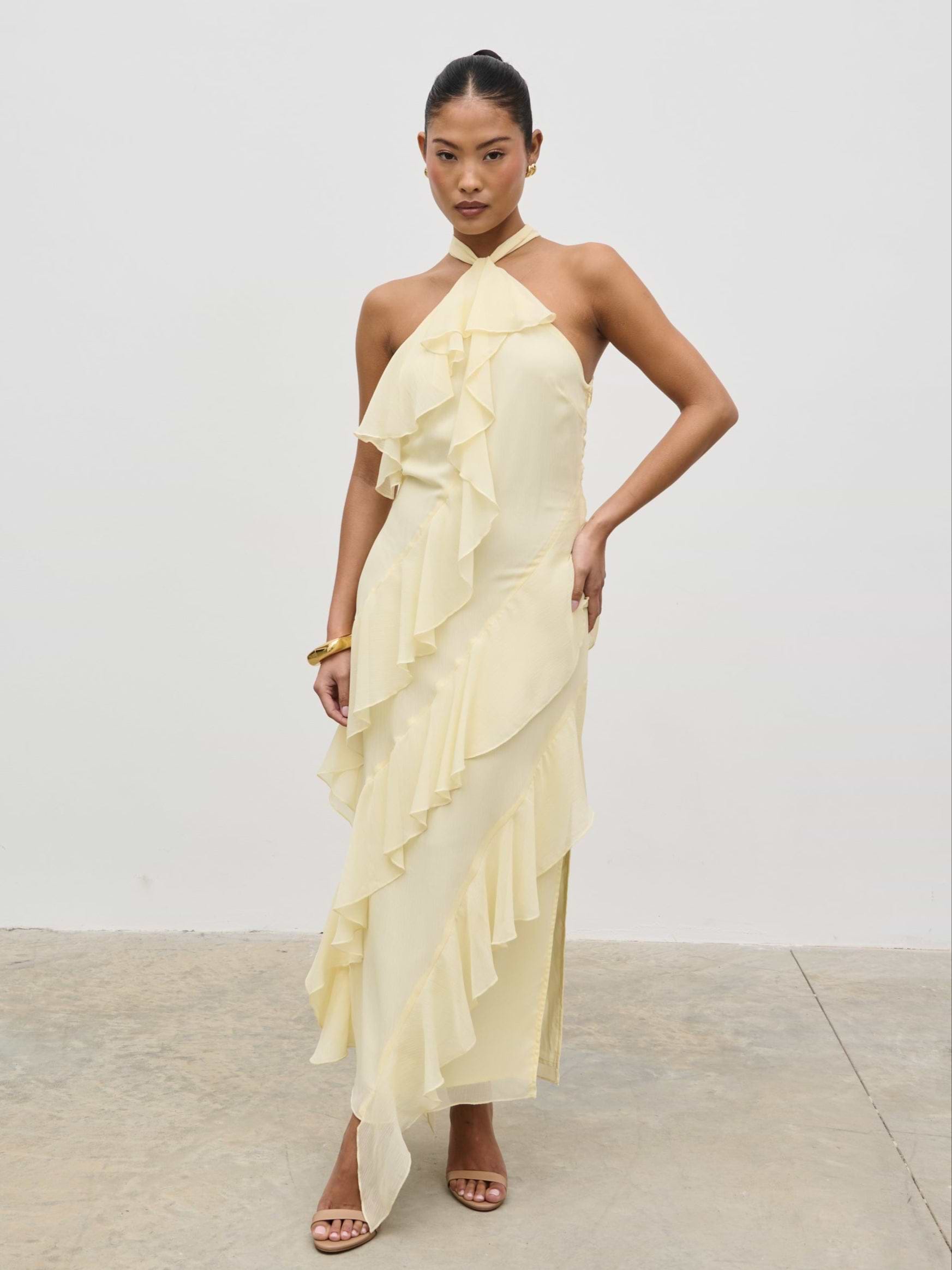 Aria Halterneck Ruffle Midaxi Dress - Lemon