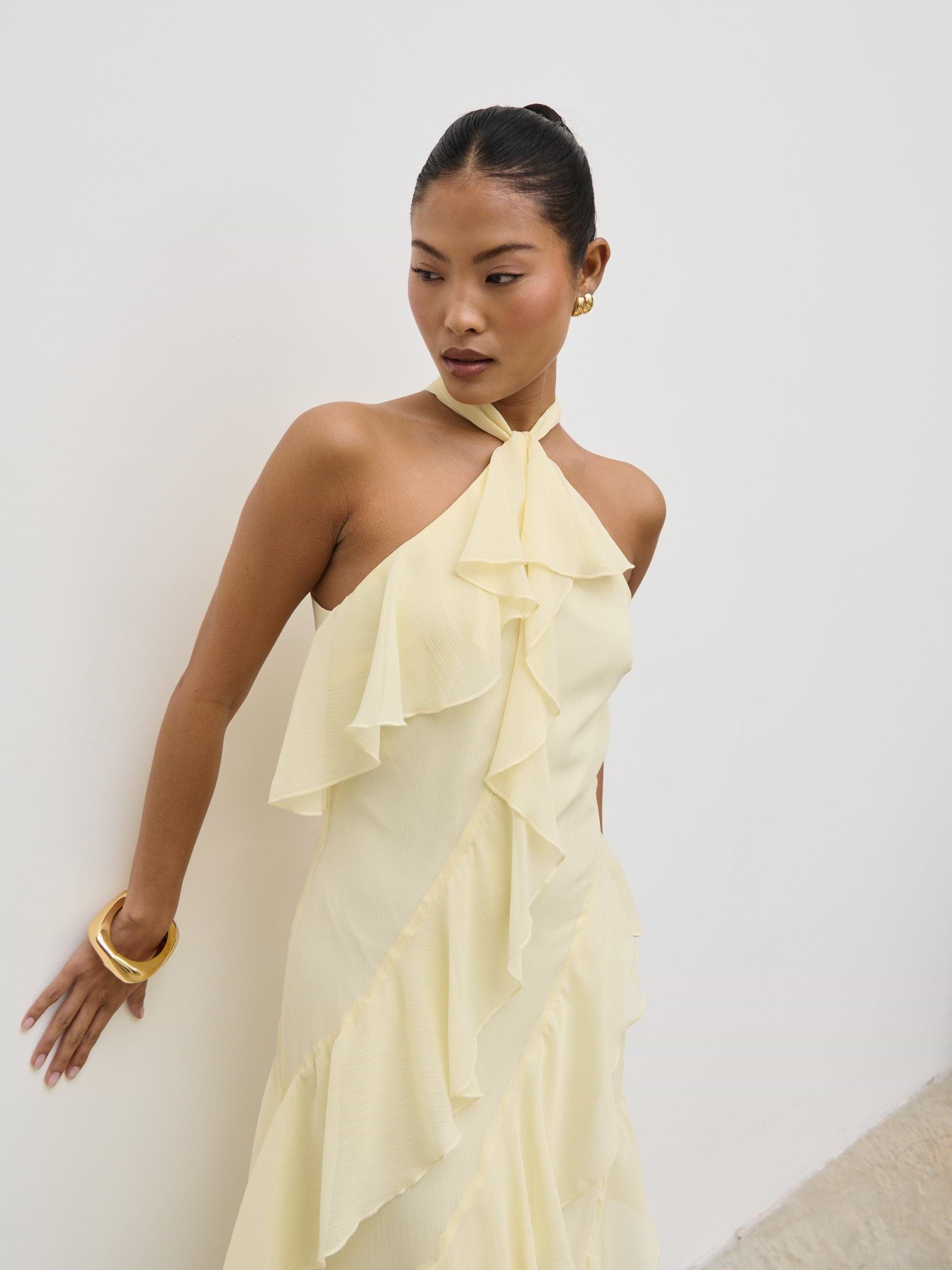 Aria Halterneck Ruffle Midaxi Dress - Lemon