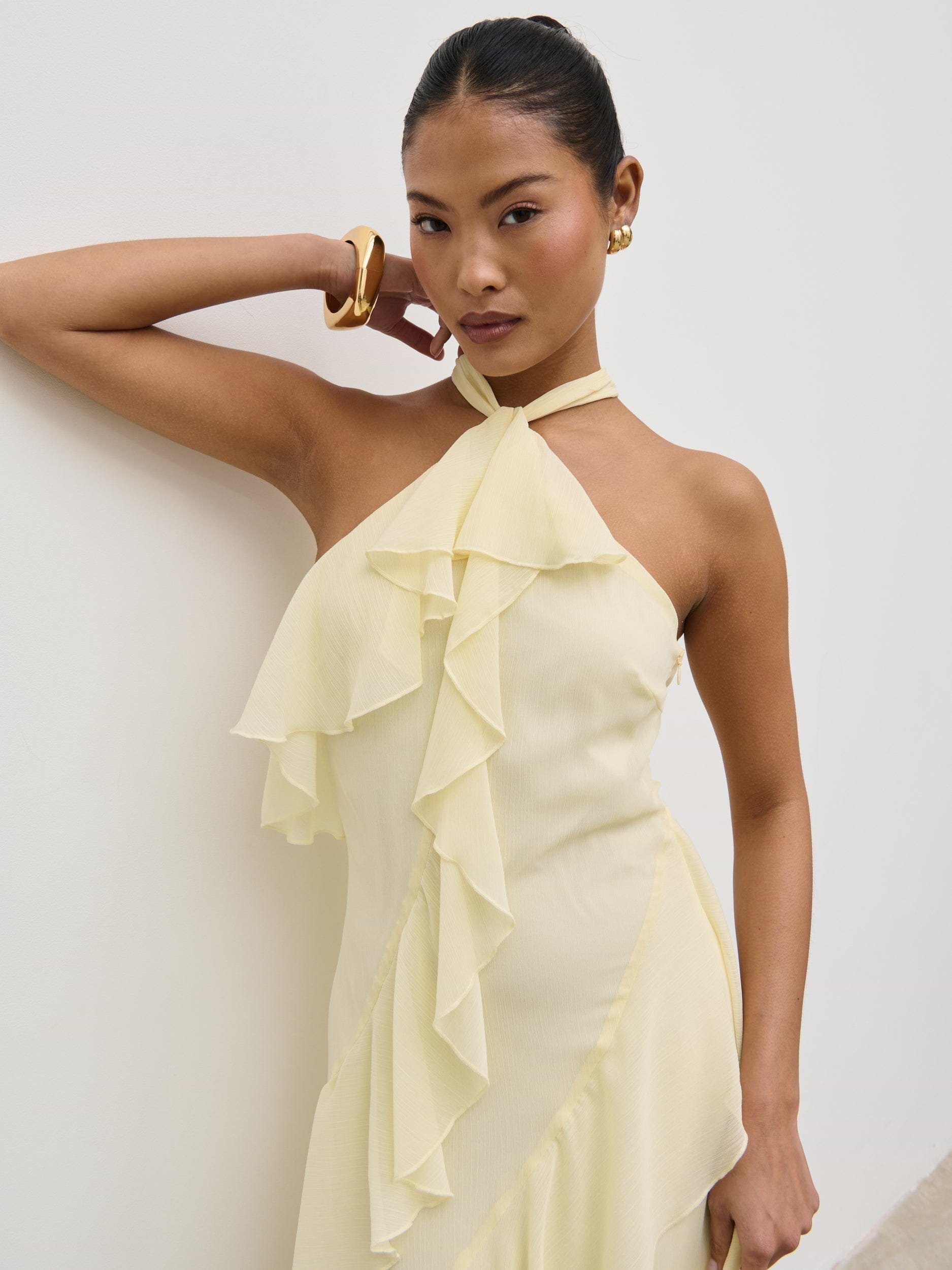 Aria Halterneck Ruffle Midaxi Dress - Lemon