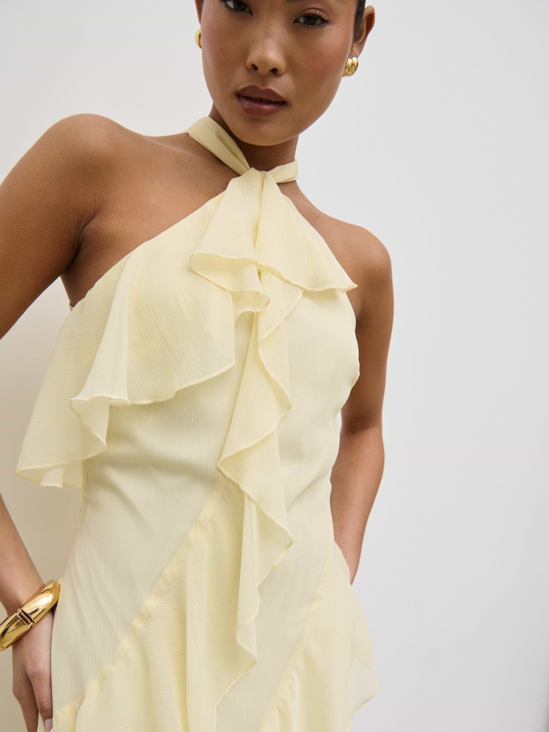 Aria Halterneck Ruffle Midaxi Dress - Lemon