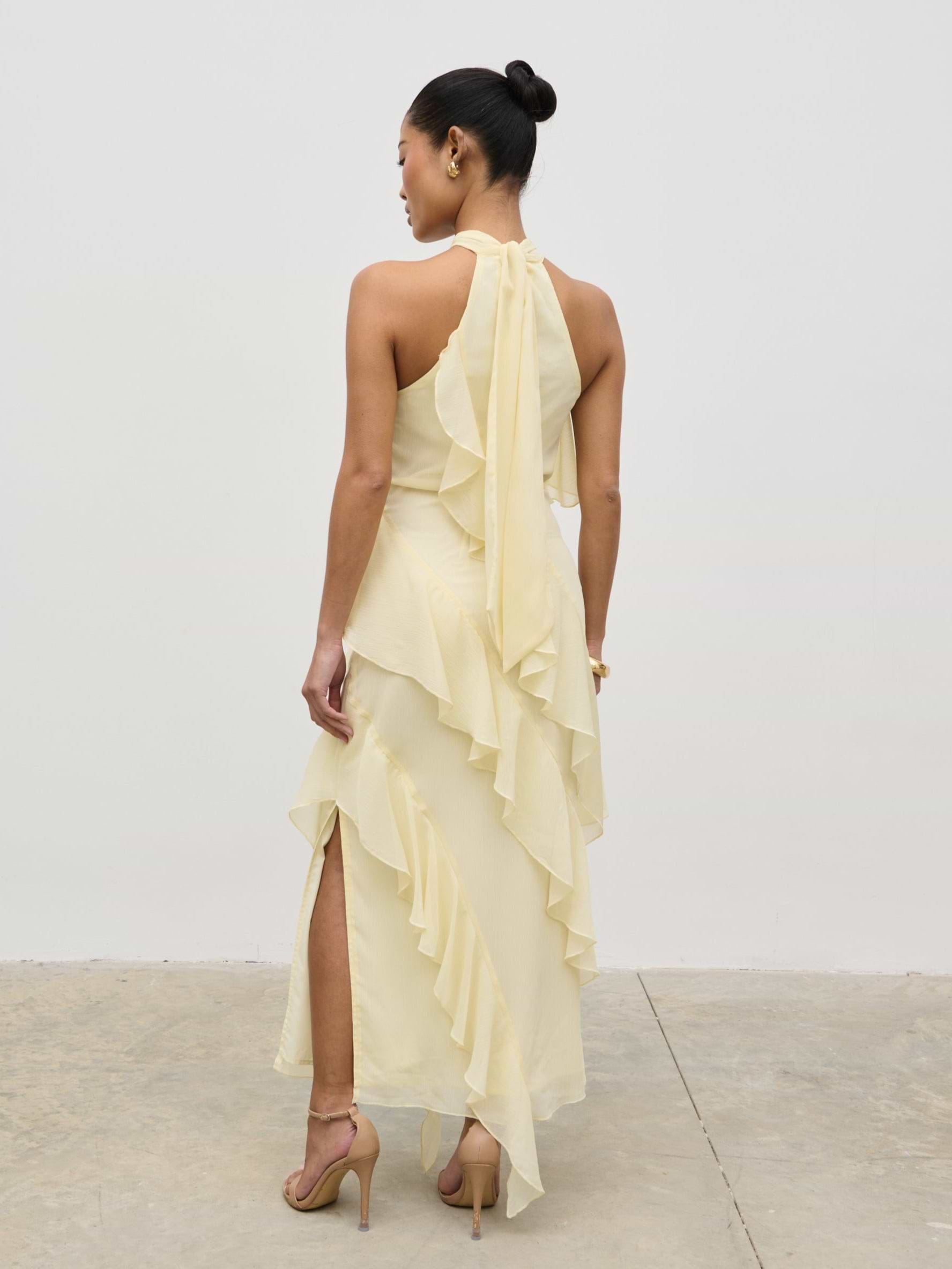 Aria Halterneck Ruffle Midaxi Dress - Lemon