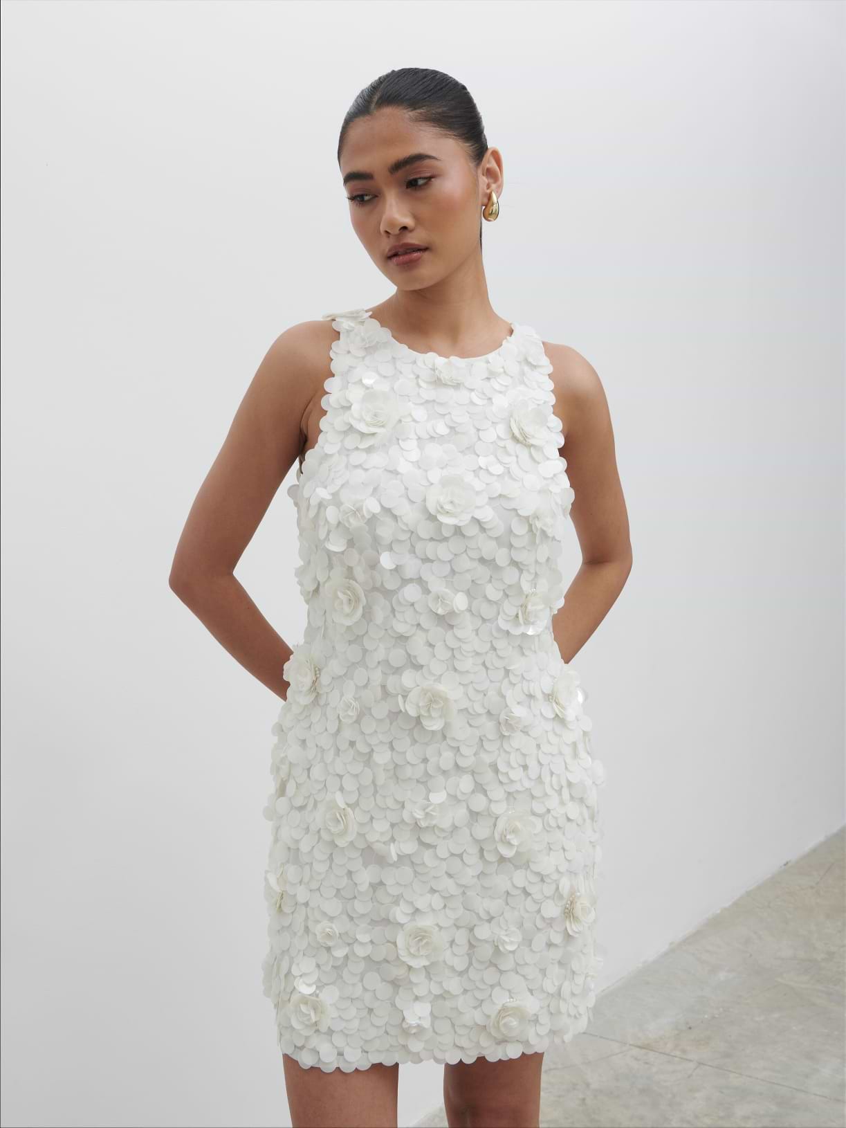 Arles Rosette Sequin Mini Dress - Ivory