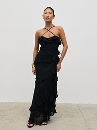Aryana Ruffle Midaxi Dress - Black