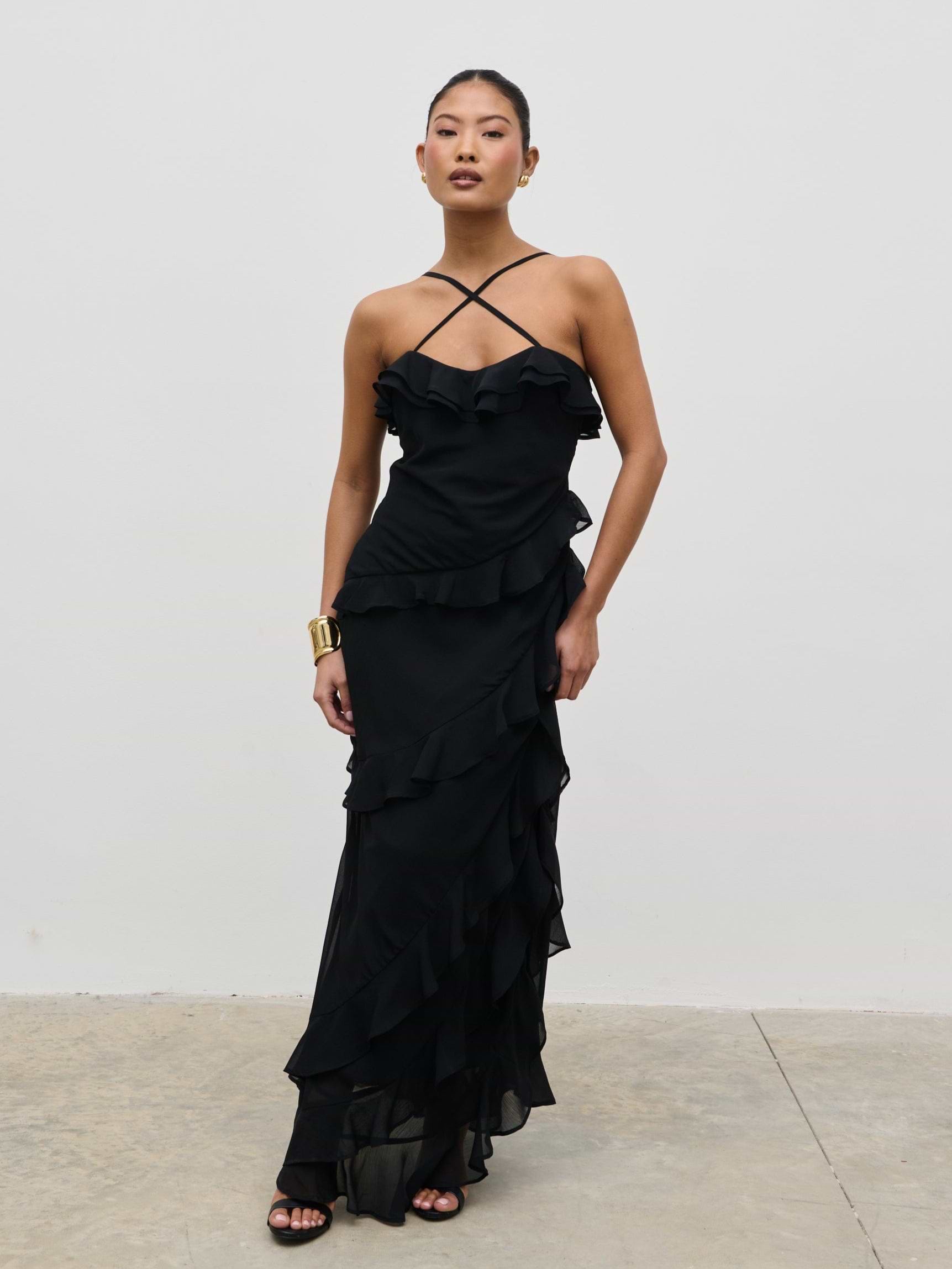 Aryana Ruffle Midaxi Dress - Black