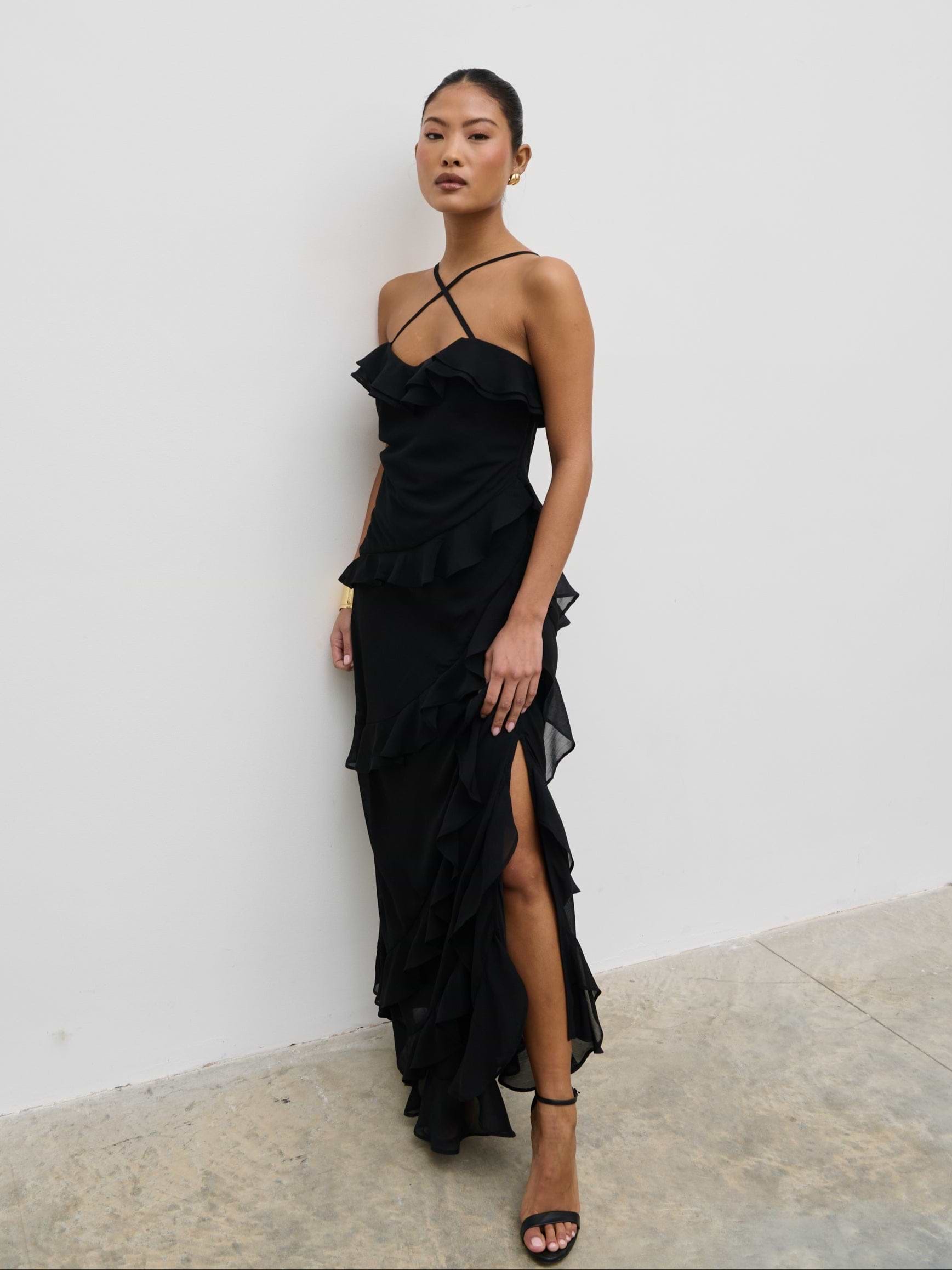 Aryana Ruffle Midaxi Dress - Black