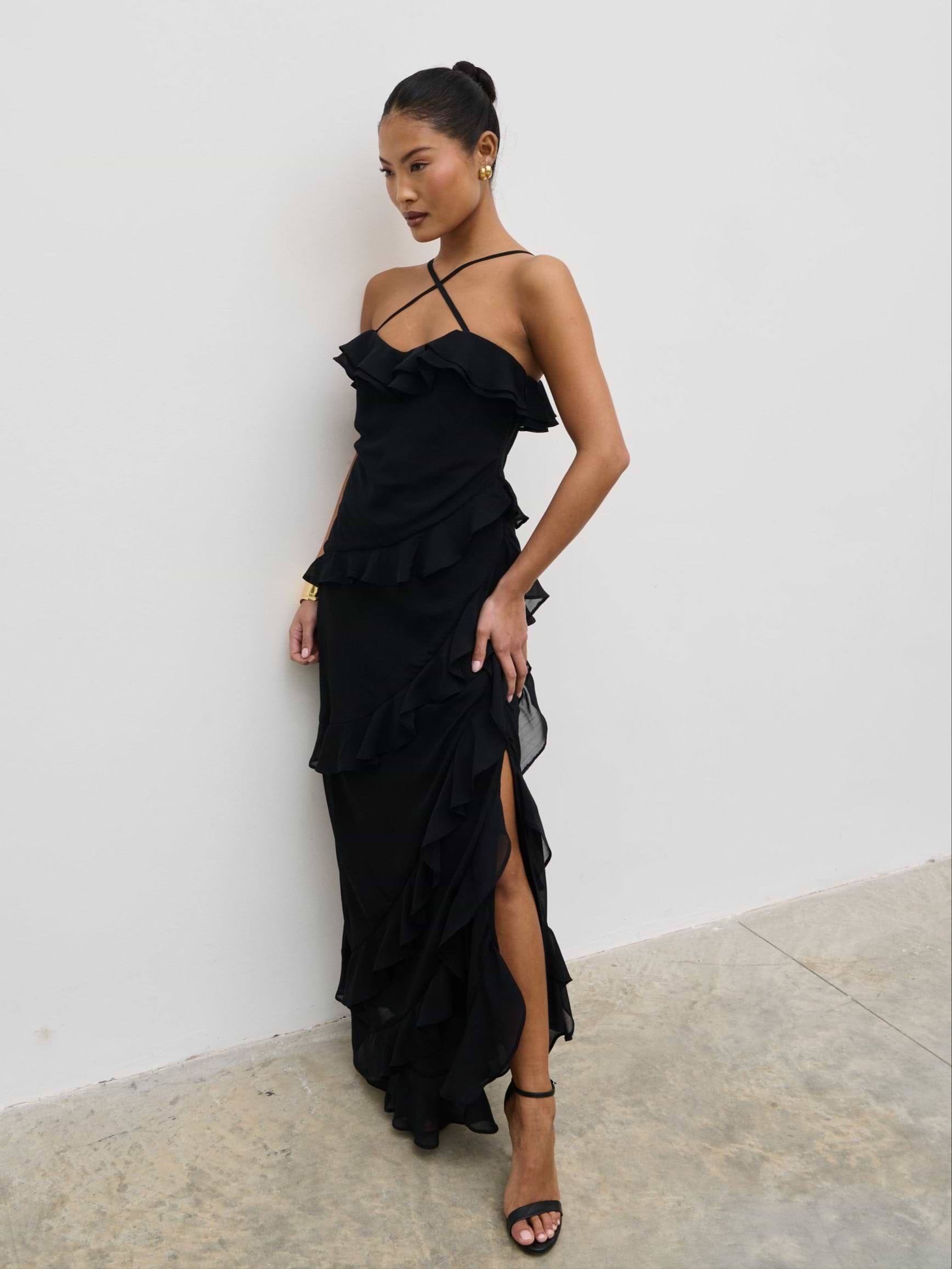 Aryana Ruffle Midaxi Dress - Black