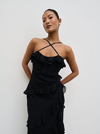 Aryana Ruffle Midaxi Dress - Black